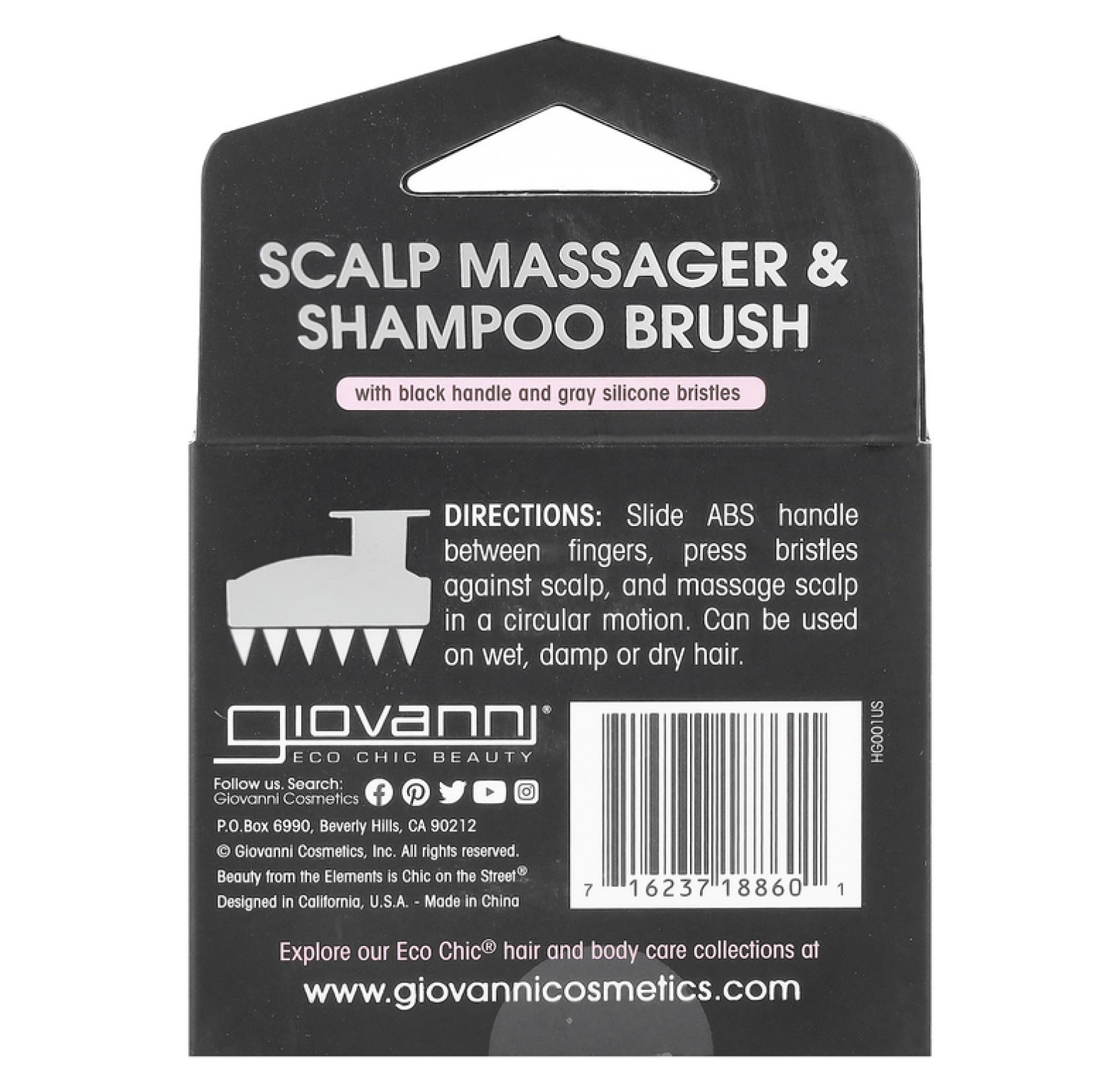 Giovanni, Щетка для массажа кожи головы и шампуня, черная, 1 шт.