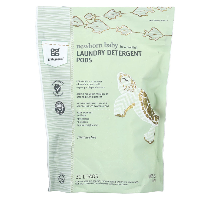 Grab Green, капсулы для стирки новорожденных, для детей 0–4 месяцев, без отдушек, 30 загрузок, 480 г (1,05 фунта)