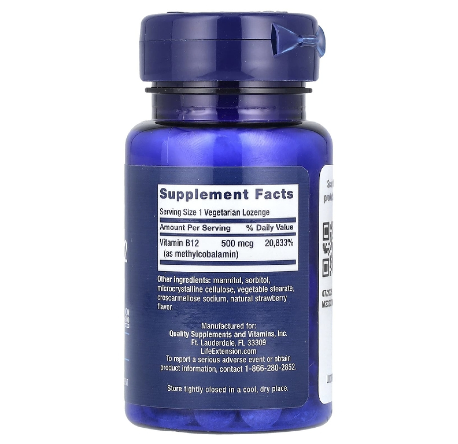 Life Extension, витамин B12, метилкобаламин, 500 мкг, 100 вегетарианских пастилок