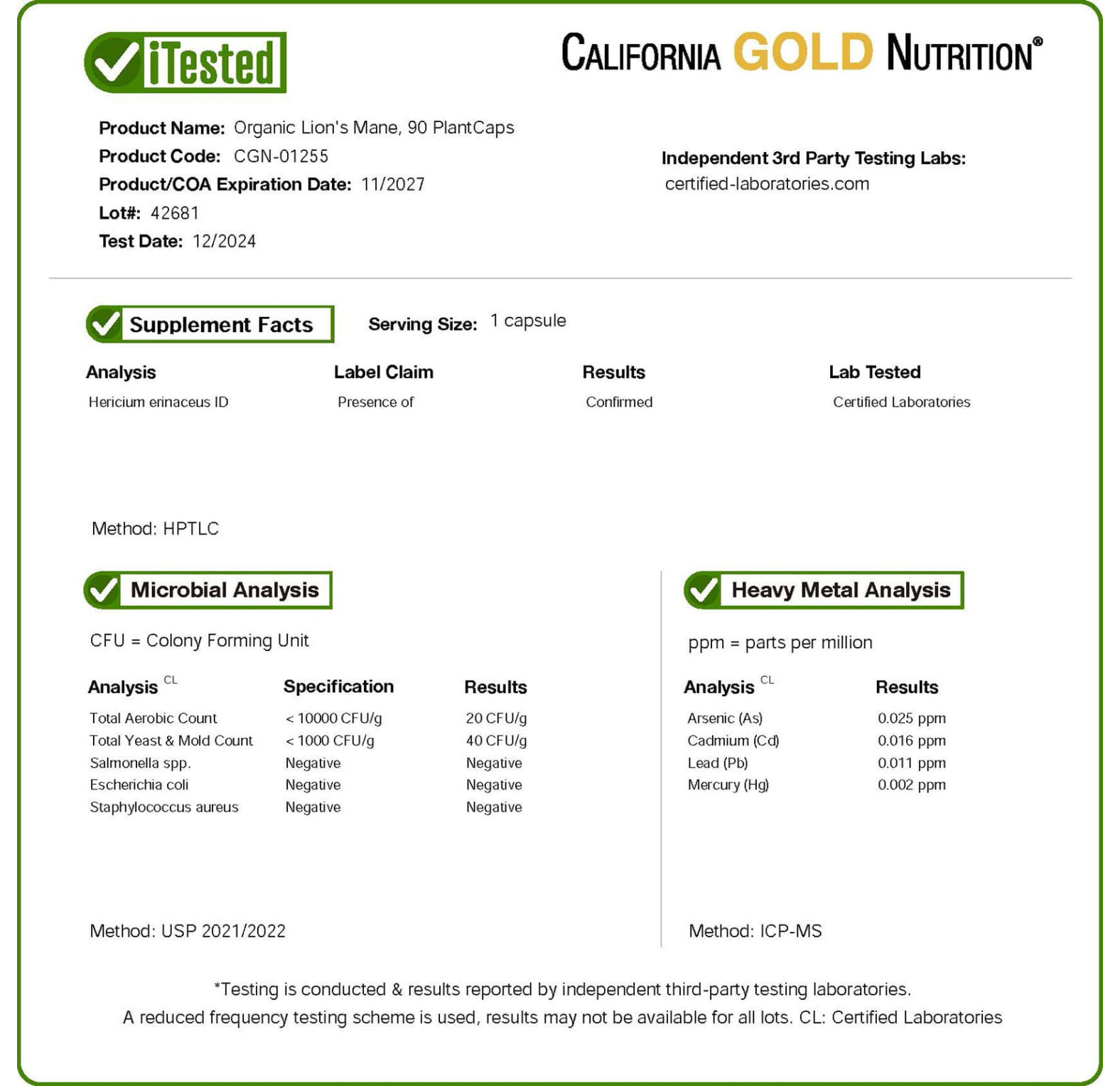 California Gold Nutrition, органический ежовик гребенчатый, 90 капсул Plantcaps