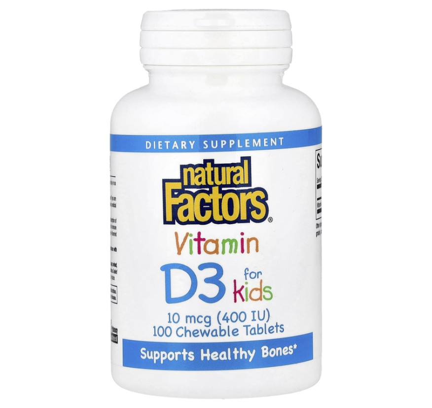 Natural Factors, витамин D3 для детей, клубничный вкус, 10 мкг (400 МЕ), 100 жевательных таблеток
