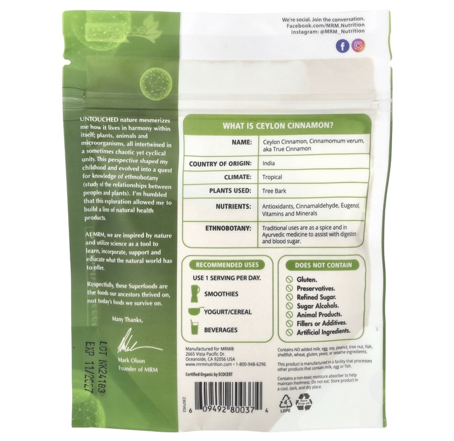 MRM Nutrition, Organic Ceylon Cinnamon Powder, 4 oz (113 g)