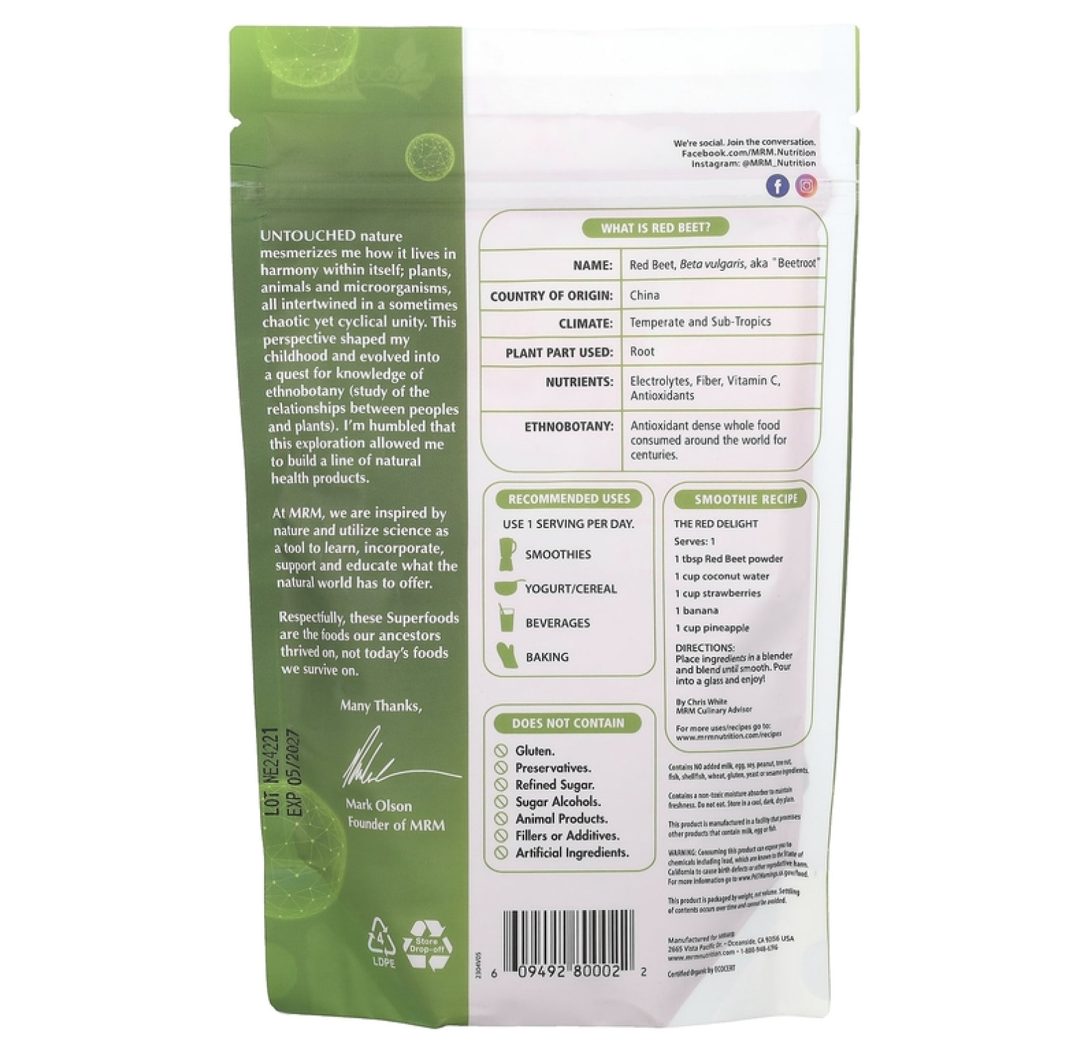 MRM Nutrition, Порошок из органической красной свеклы, 240 г (8,5 унции)