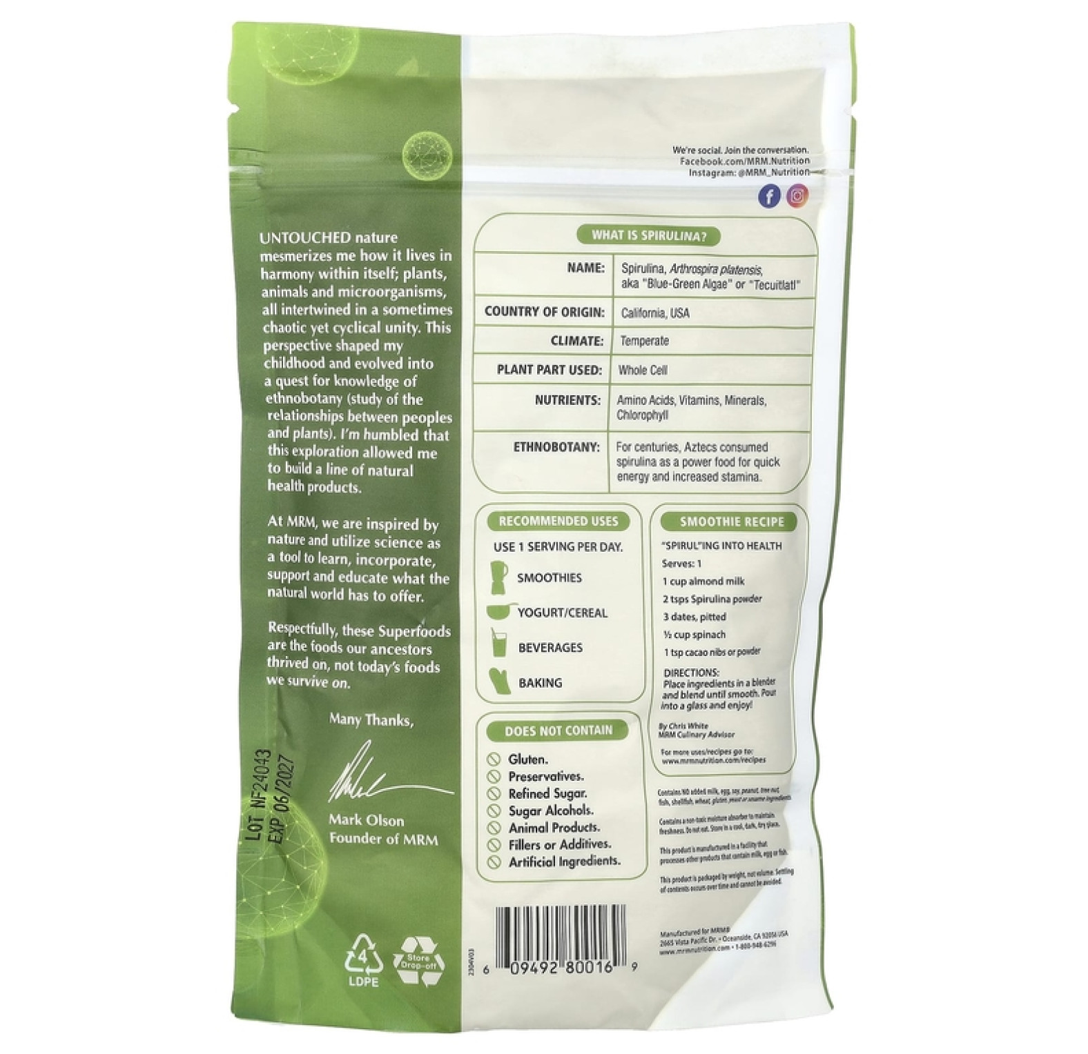MRM Nutrition, Порошок необработанной спирулины, 240 г (8,5 унции)