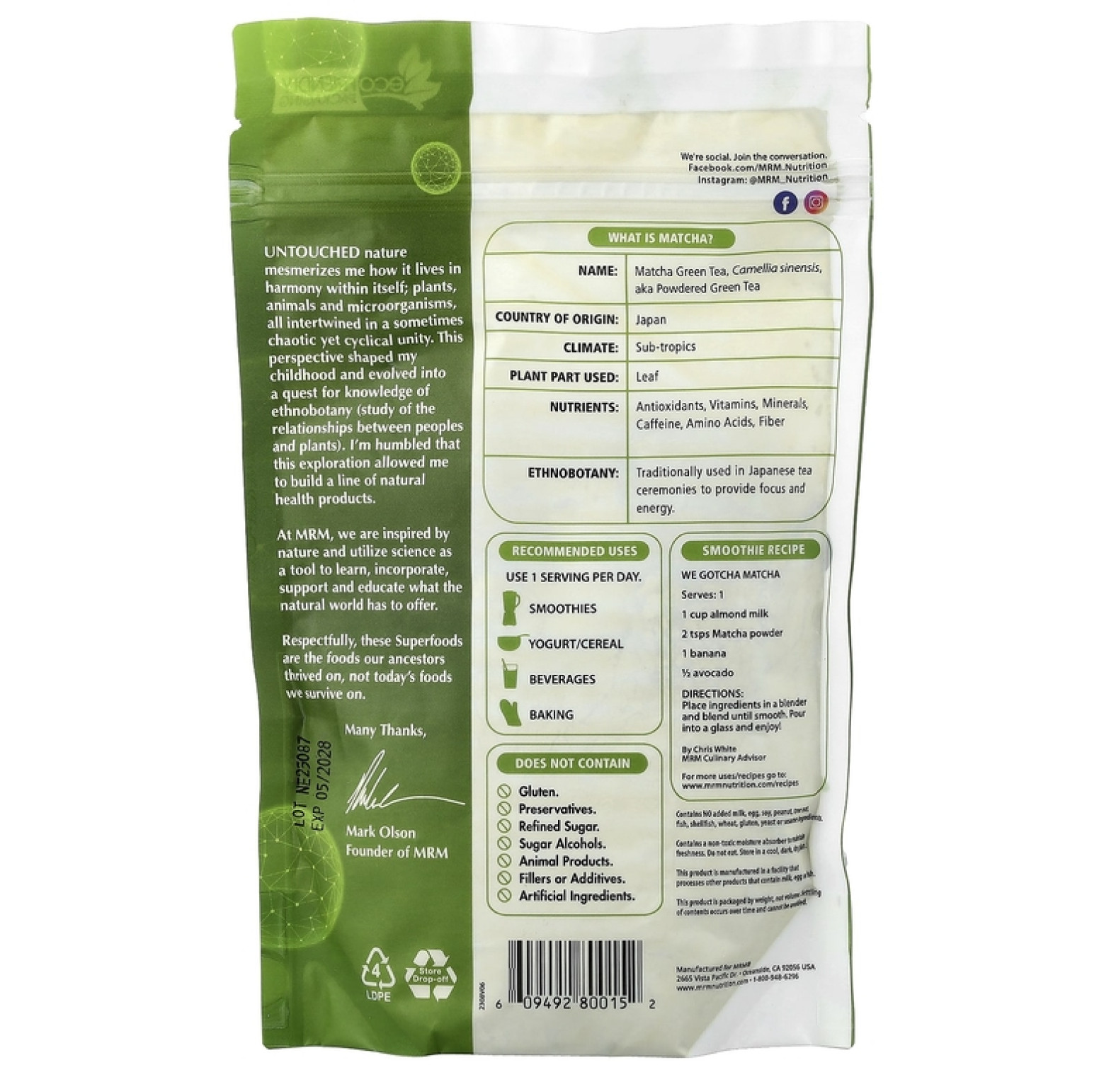MRM Nutrition, зелёный чай матча в виде порошка, 170 г (6 унций)
