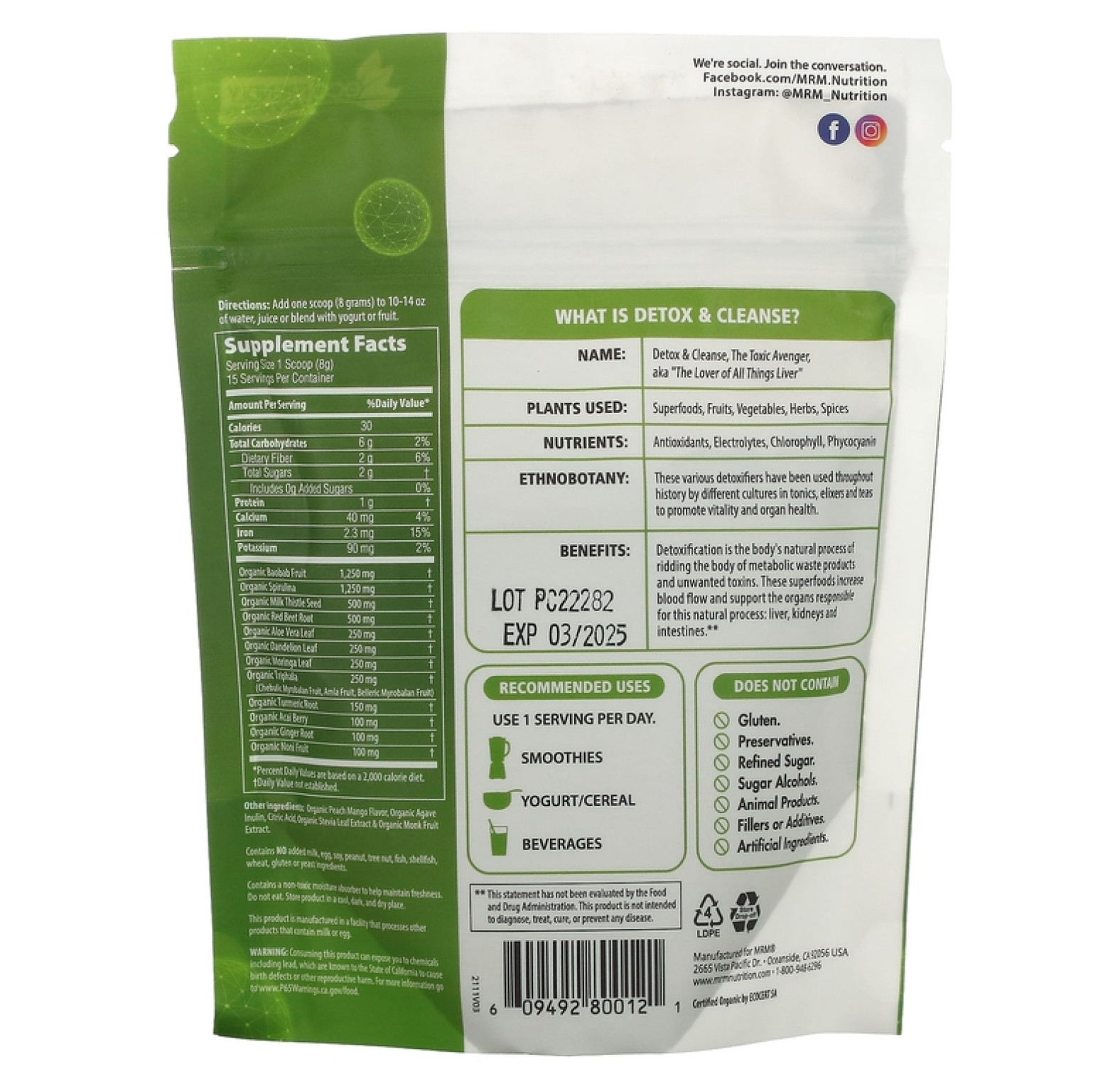 MRM Nutrition, Органический очищающий порошок, персик и манго, 120 г (4,2 унции)