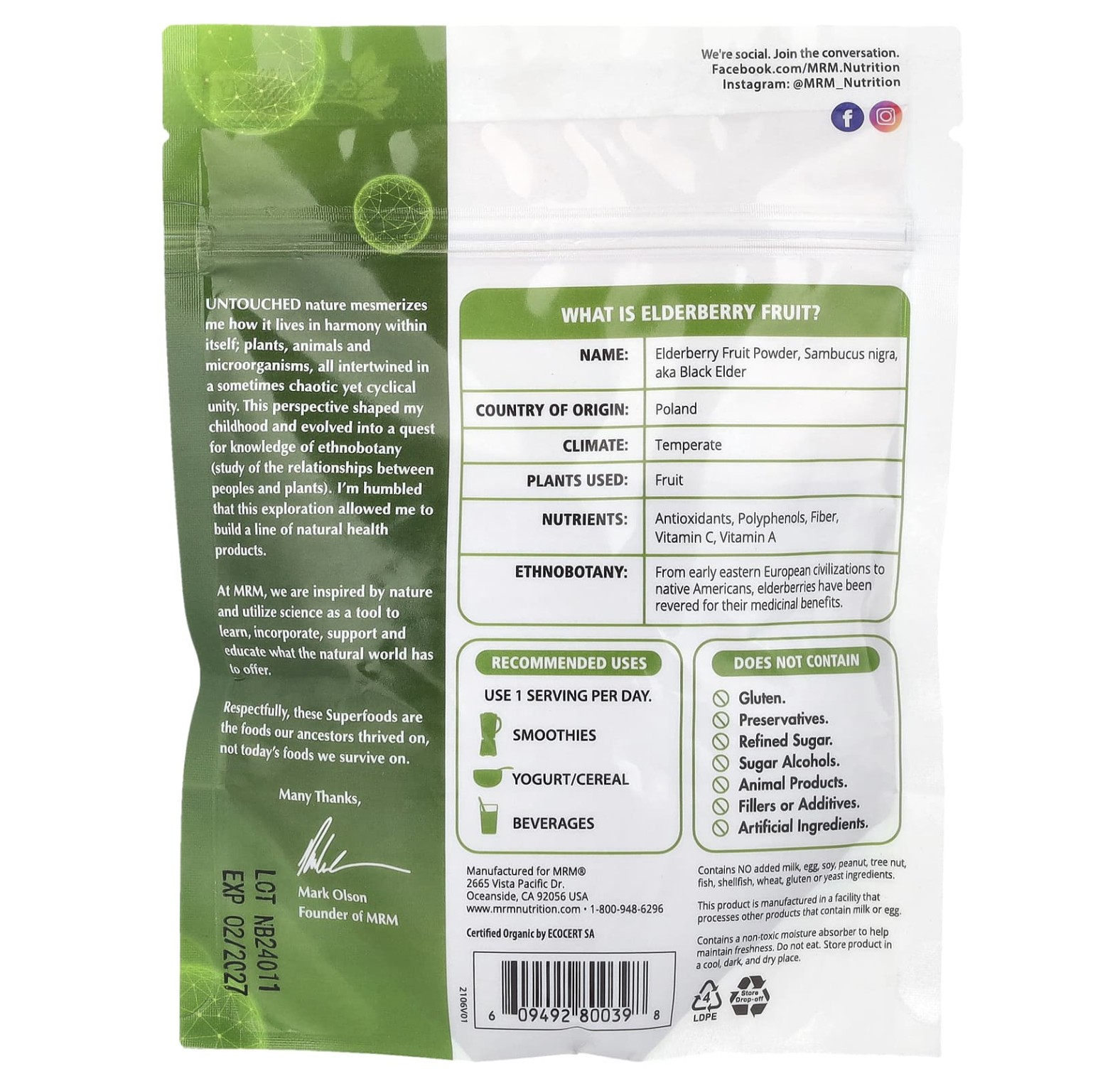 MRM Nutrition, плоды органической бузины в порошке, 113 г (4 унции)