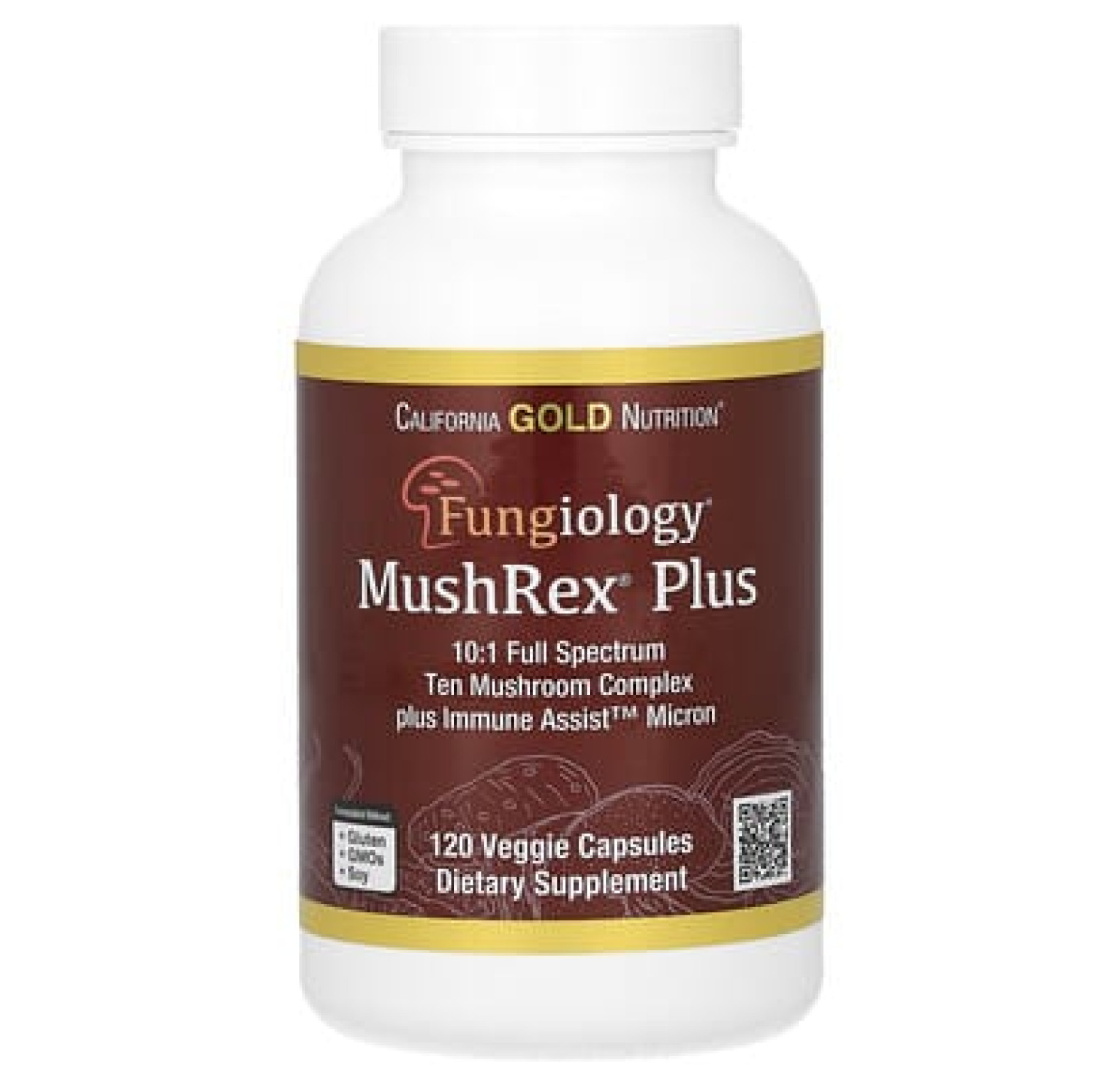 California Gold Nutrition, Fungiology, MushRex Plus, комплекс из 10 грибов полного спектра с агариком, чагой, кордицепсом и ежовиком гребенчатым, 120 капсул Plantcaps