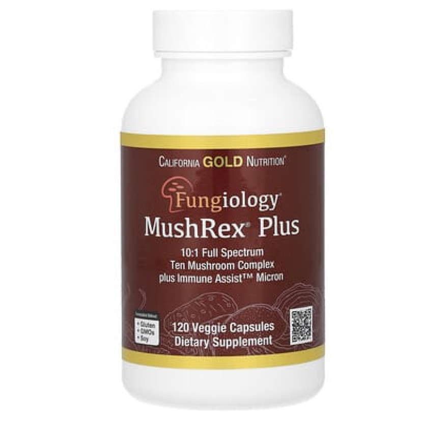 California Gold Nutrition, Fungiology, MushRex Plus, комплекс из 10 грибов полного спектра с агариком, чагой, кордицепсом и ежовиком гребенчатым, 120 капсул Plantcaps