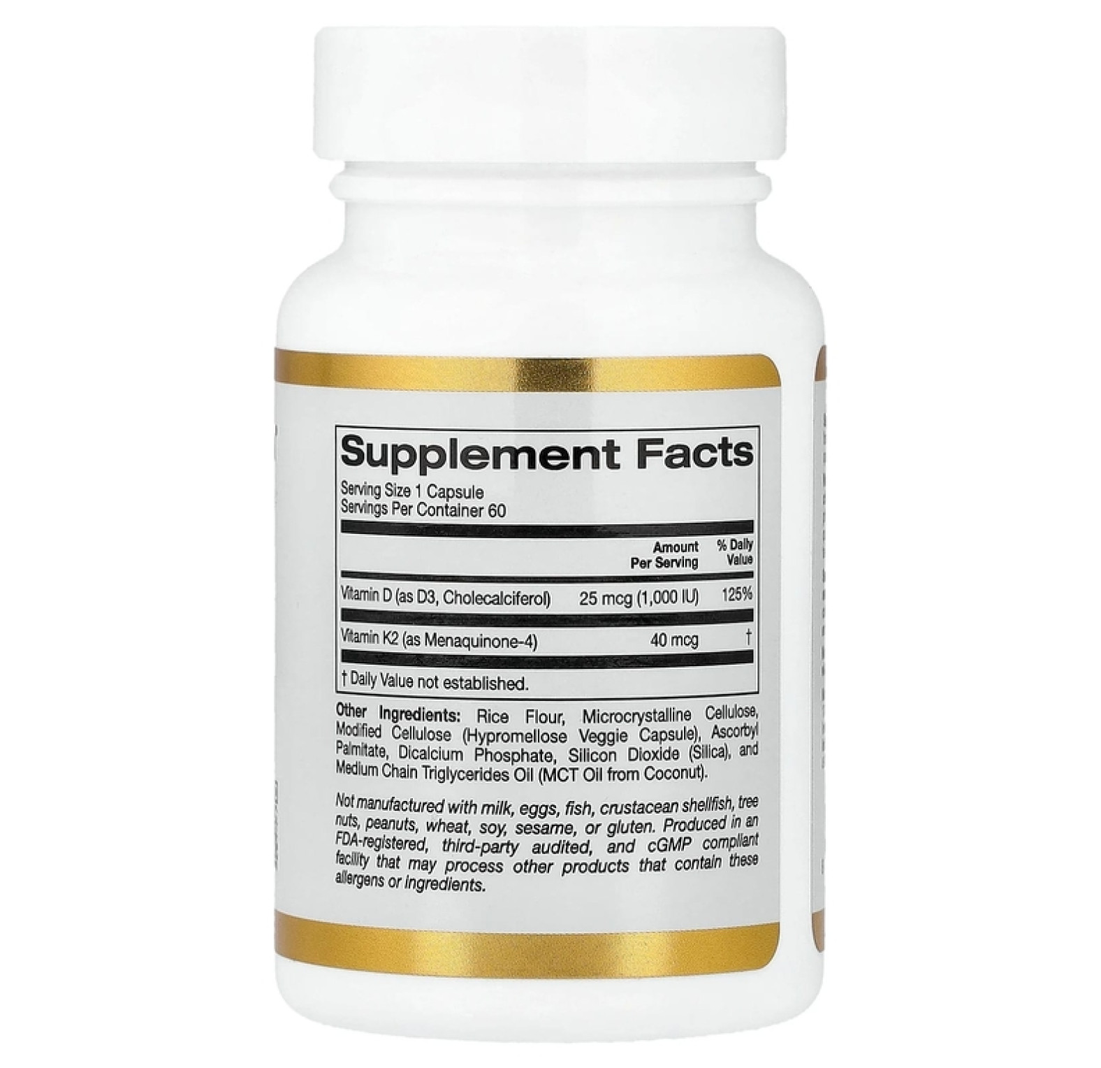 California Gold Nutrition, витамины D3 и К2, 60 растительных капсул