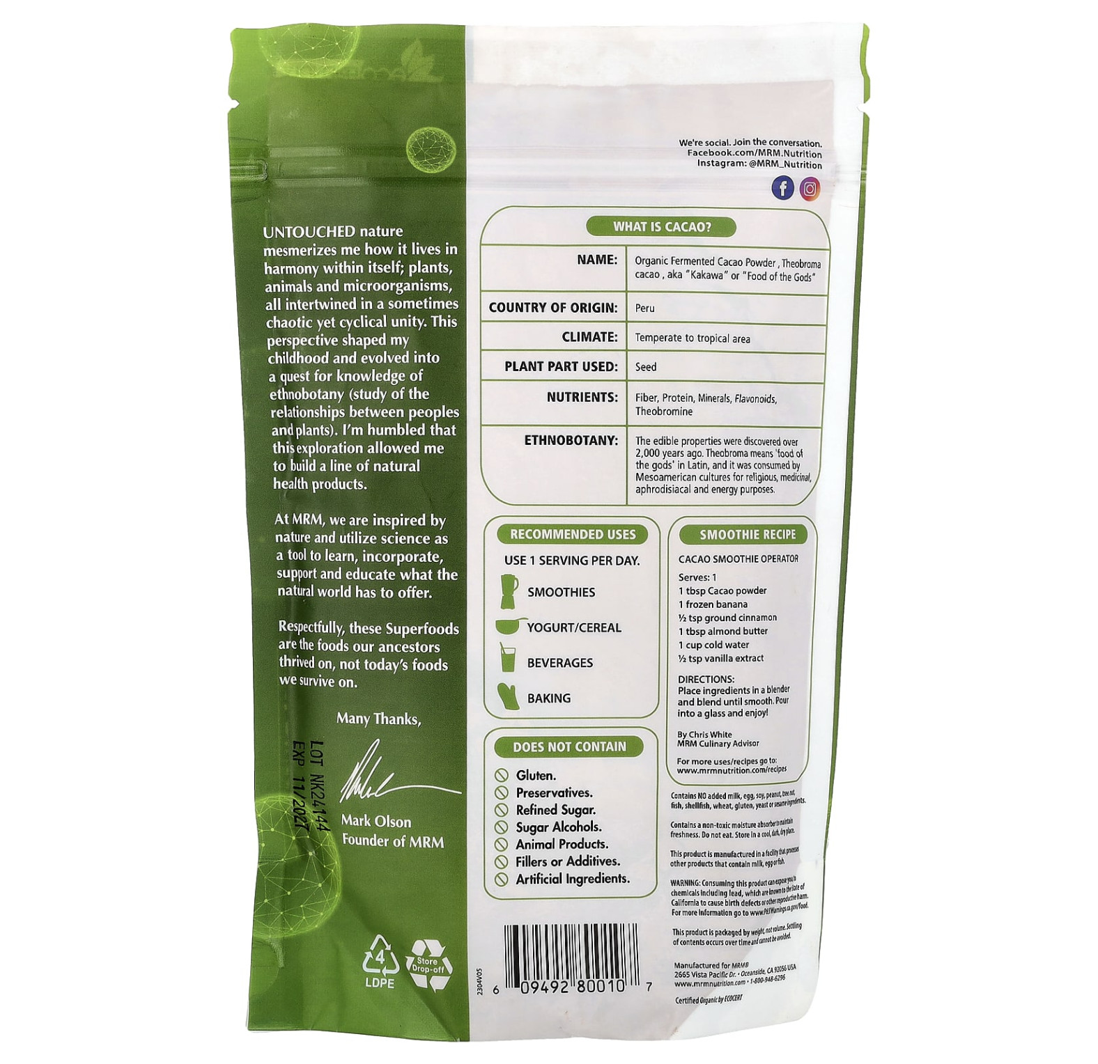 MRM Nutrition, органический ферментированный какао-порошок, 240 г (8,5 унции)