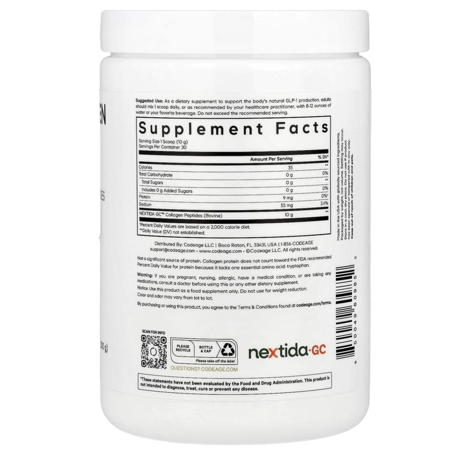 Codeage, Порошок из пептидов коллагена GLP-1, Trim & Glow®, без добавок, 300 г (10,58 унции)