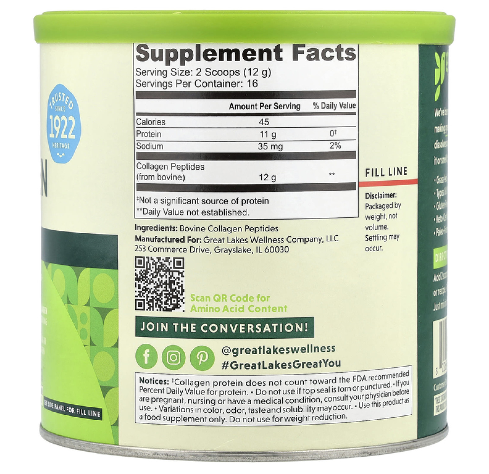 Great Lakes Wellness, быстрорастворимые пептиды коллагена, для ежедневного хорошего самочувствия, без вкусовых добавок, 198 г