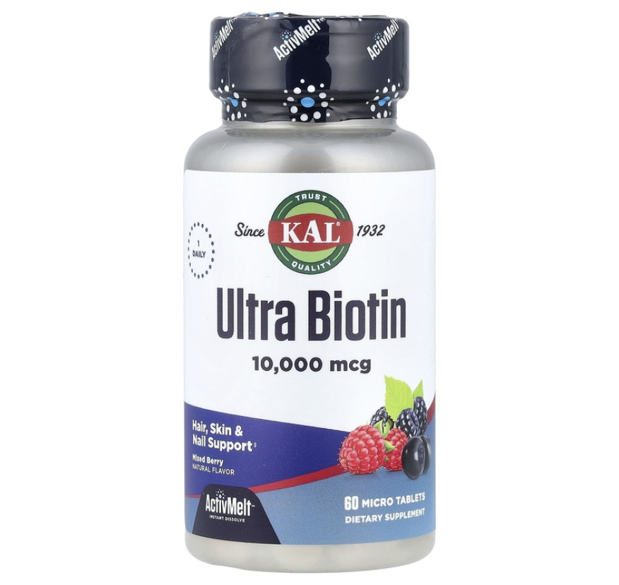 KAL, Ultra Biotin, ActivMelt™, биотин, со вкусом ягодного ассорти, 10 000 мкг, 60 микротаблеток
