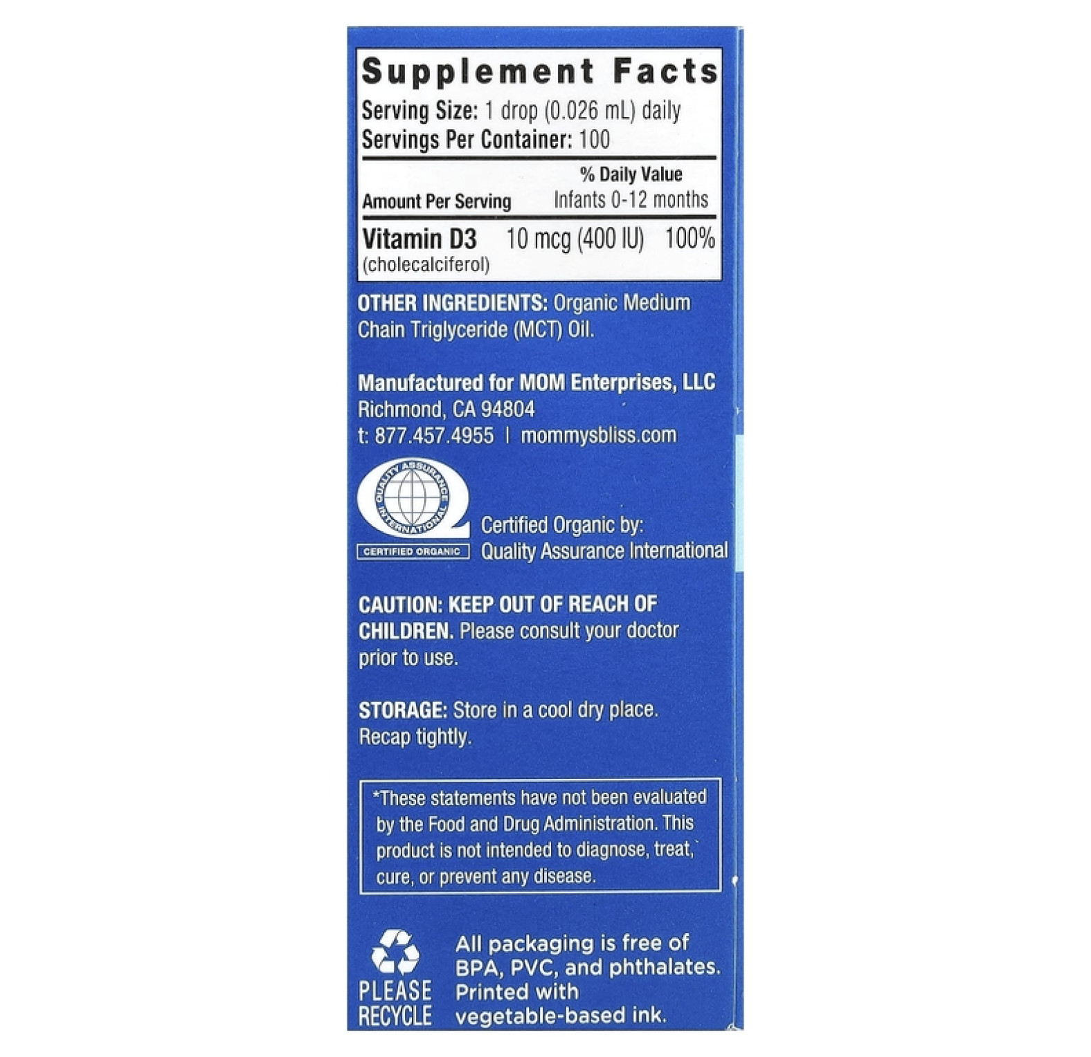 Mommy's Bliss, органический витамин D для малышей, капли для новорождённых, 3,24 мл (0,11 жидк. унции)