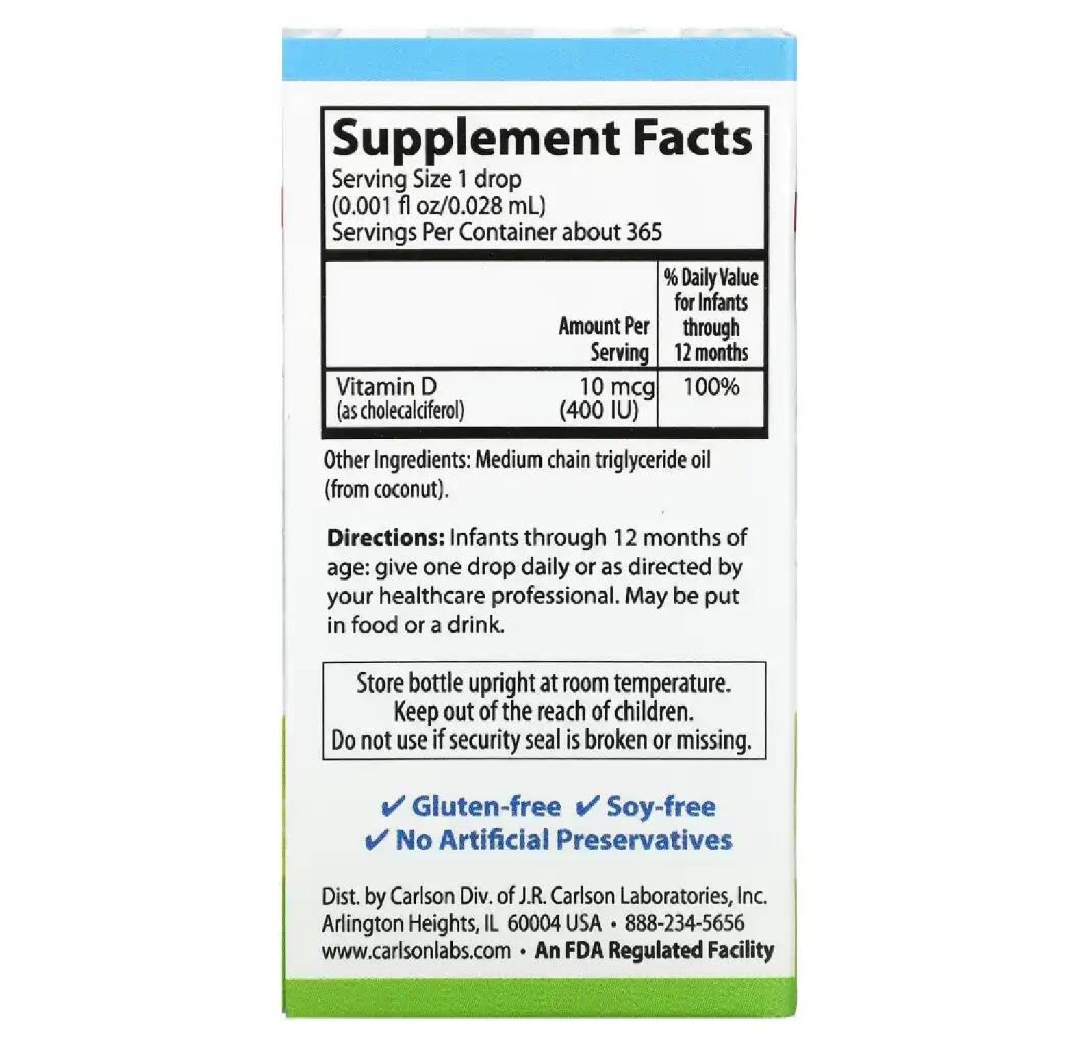 Carlson, Super Daily, витамин D3 для детей, 10 мкг (400 МЕ), 10,3 мл (0,35 жидк. унций)
