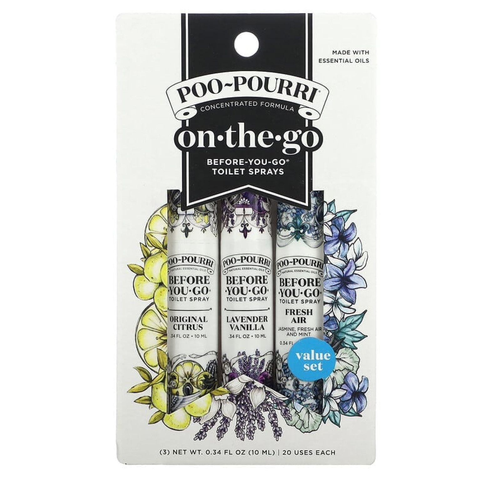 Poo-Pourri, On-The-Go, спреи для туалета Before-You-Go, Value Set, 3 вида спрея, по 10 мл (0,34 жидк. унц.)