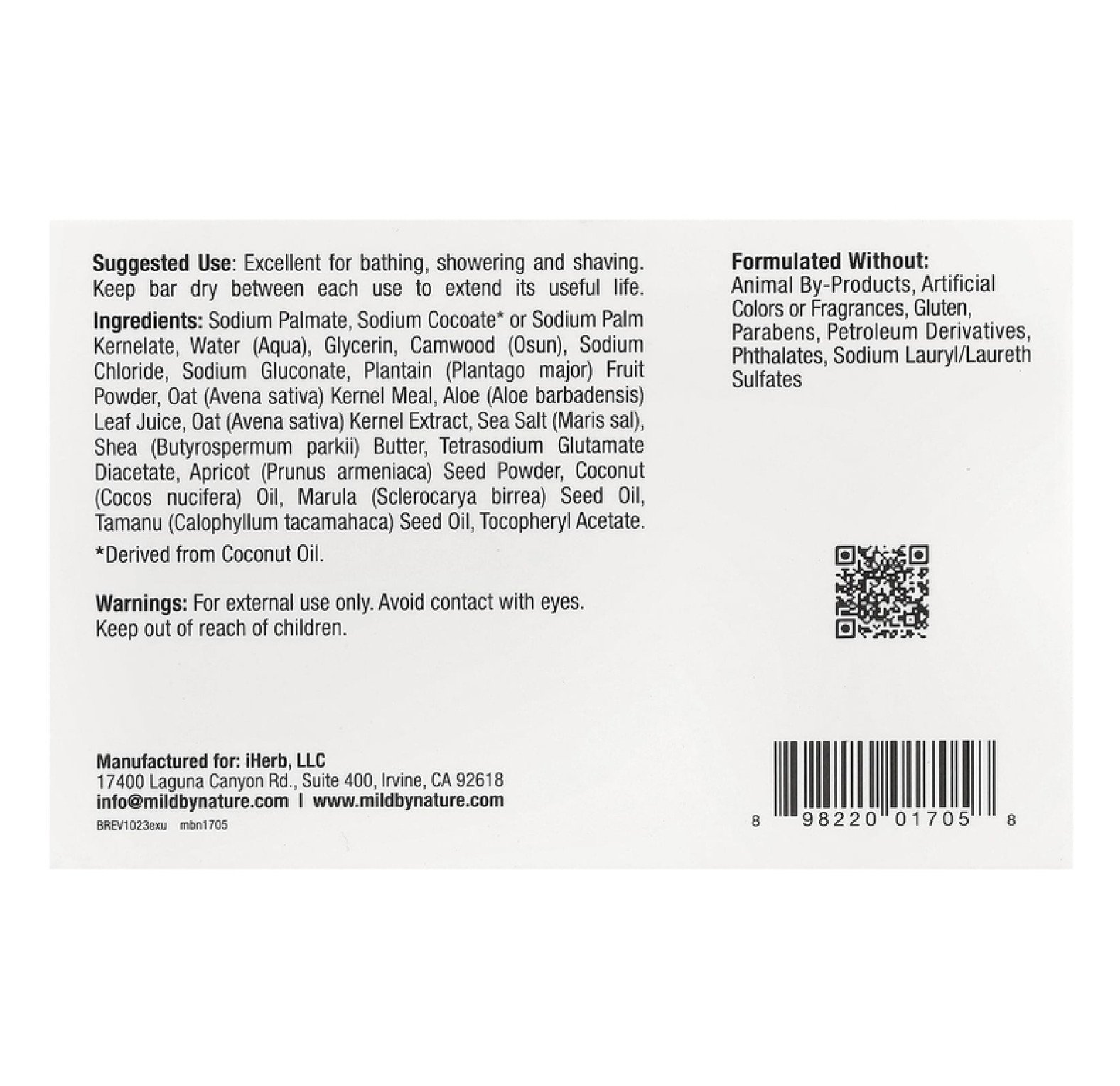 Mild By Nature, отшелушивающее мыло, с маслами марулы, таману и ши, без запаха, 141 г 