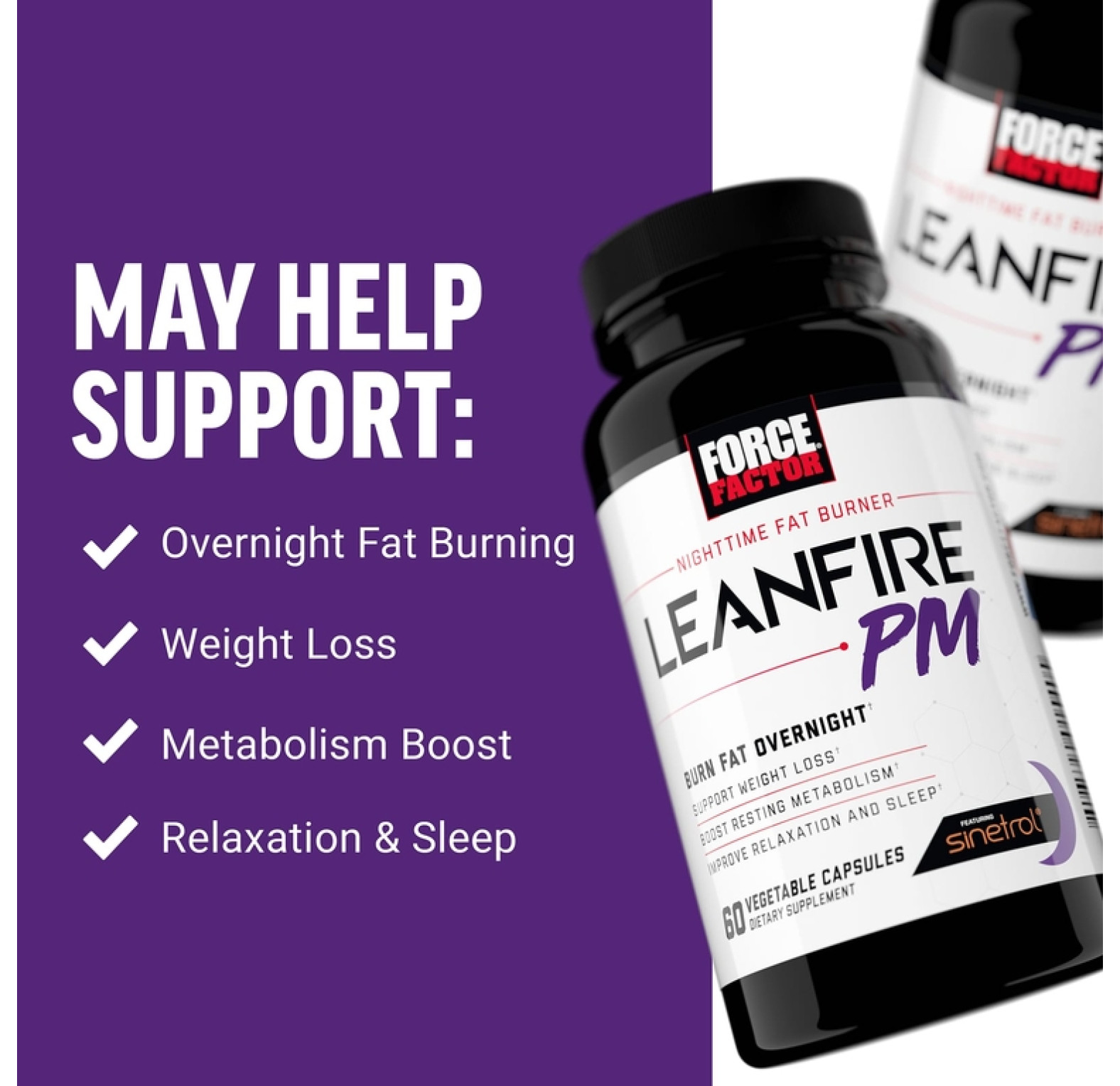 Force Factor, Leanfire PM, жиросжигатель для приема на ночь, 60 растительных капсул