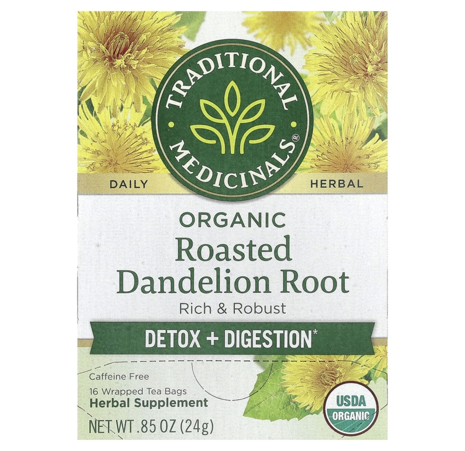 Traditional Medicinals, органический обжаренный корень одуванчика, без кофеина, 16 чайных пакетиков в упаковке, 24 г (0,85 унции)