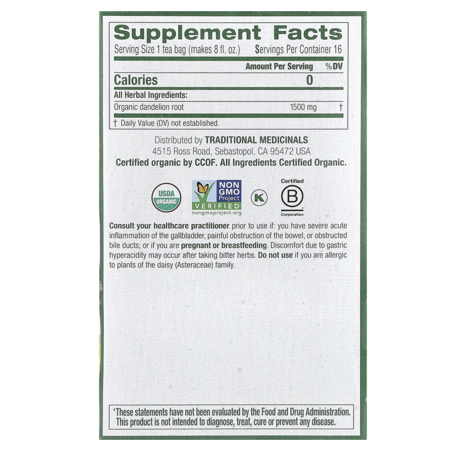 Traditional Medicinals, органический обжаренный корень одуванчика, без кофеина, 16 чайных пакетиков в упаковке, 24 г (0,85 унции)