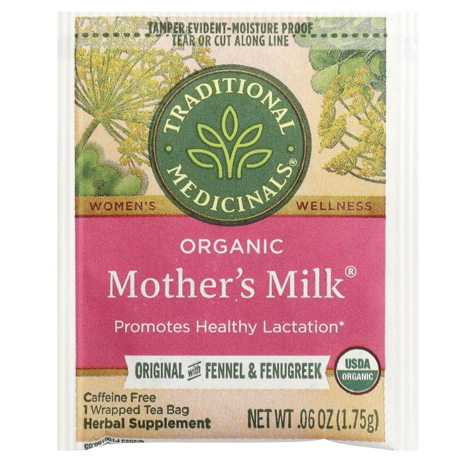 Traditional Medicinals, Organic Mother's Milk®, оригинальный продукт с фенхелем и пажитником, без кофеина, 16 чайных пакетиков, 28 г (0,99 унции)