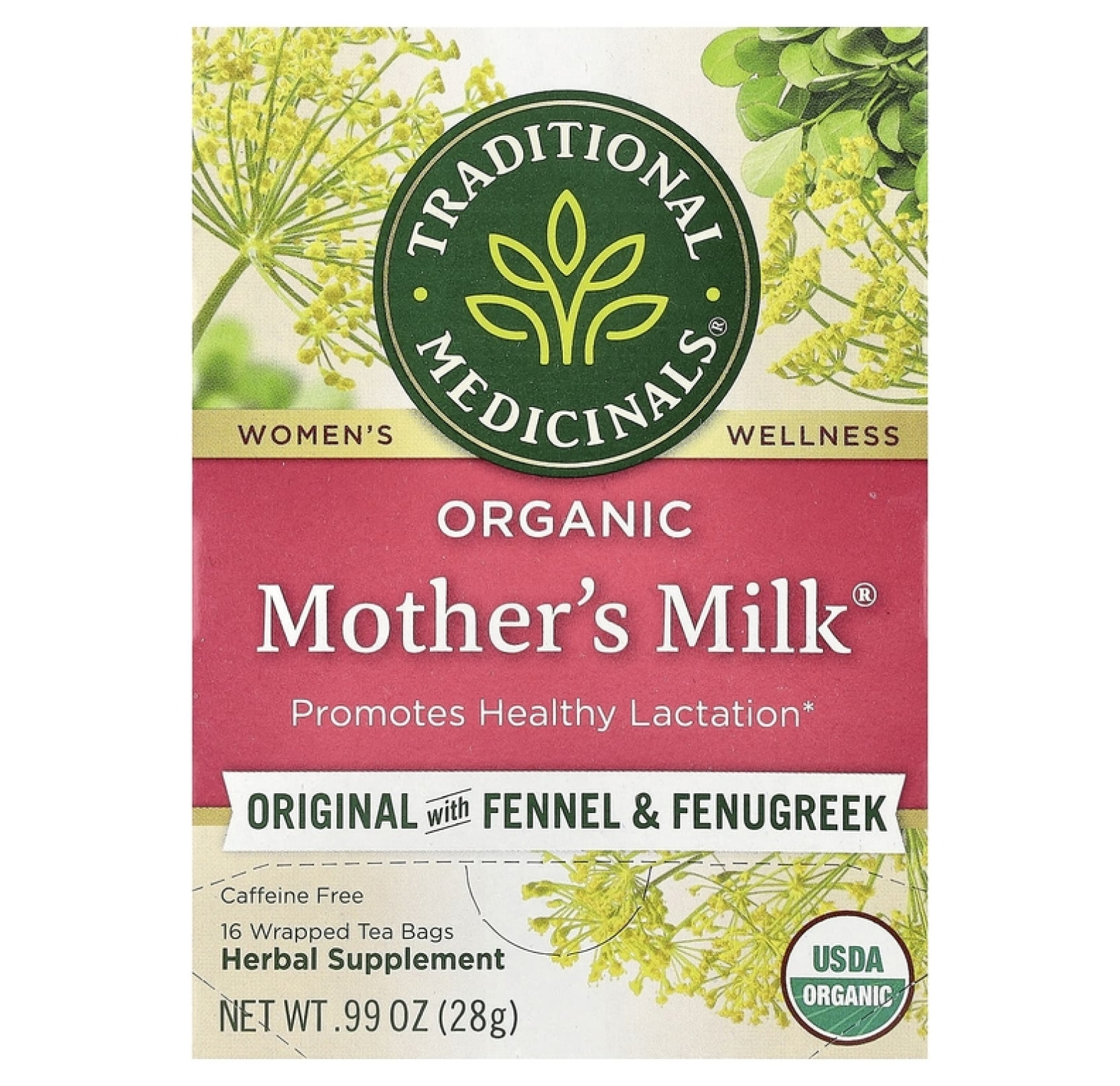 Traditional Medicinals, Organic Mother's Milk®, оригинальный продукт с фенхелем и пажитником, без кофеина, 16 чайных пакетиков, 28 г (0,99 унции)