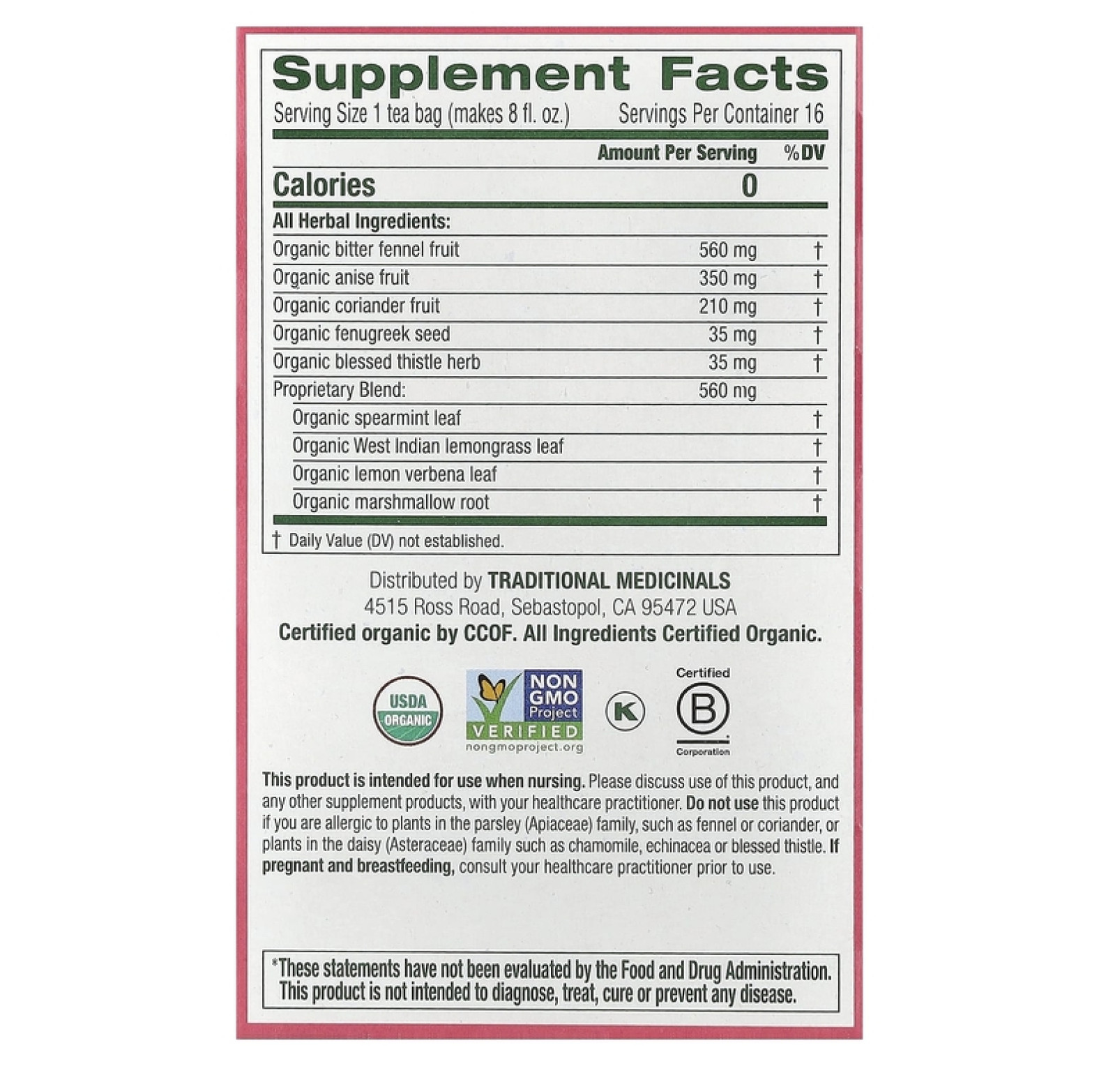 Traditional Medicinals, Organic Mother's Milk®, оригинальный продукт с фенхелем и пажитником, без кофеина, 16 чайных пакетиков, 28 г (0,99 унции)