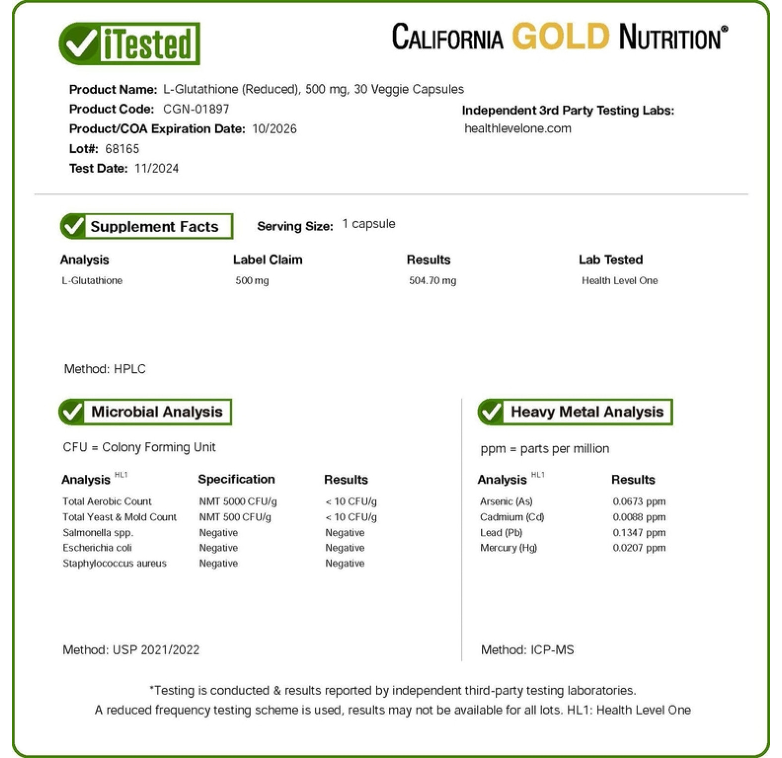 California Gold Nutrition, L-глутатион (восстановленный), 500 мг, 30 растительных капсул