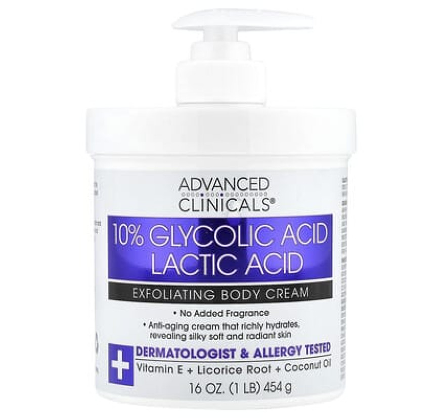 Advanced Clinicals, 10% гликолевая кислота, молочная кислота, отшелушивающий крем для тела, 454 г (16 унций)