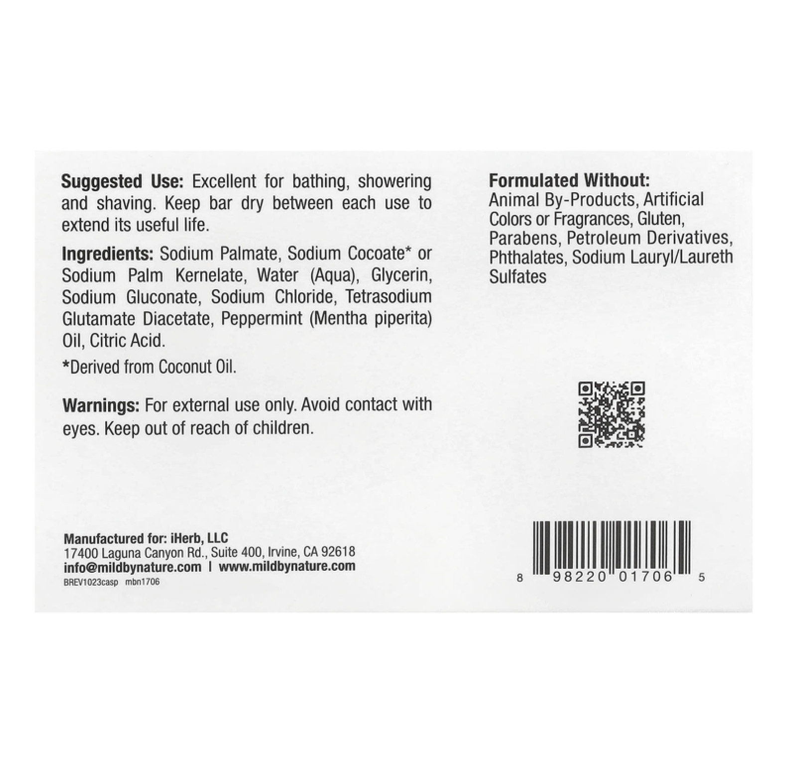 Mild By Nature, кастильское кусковое мыло, с ароматом перечной мяты, 141 г (5 унций)