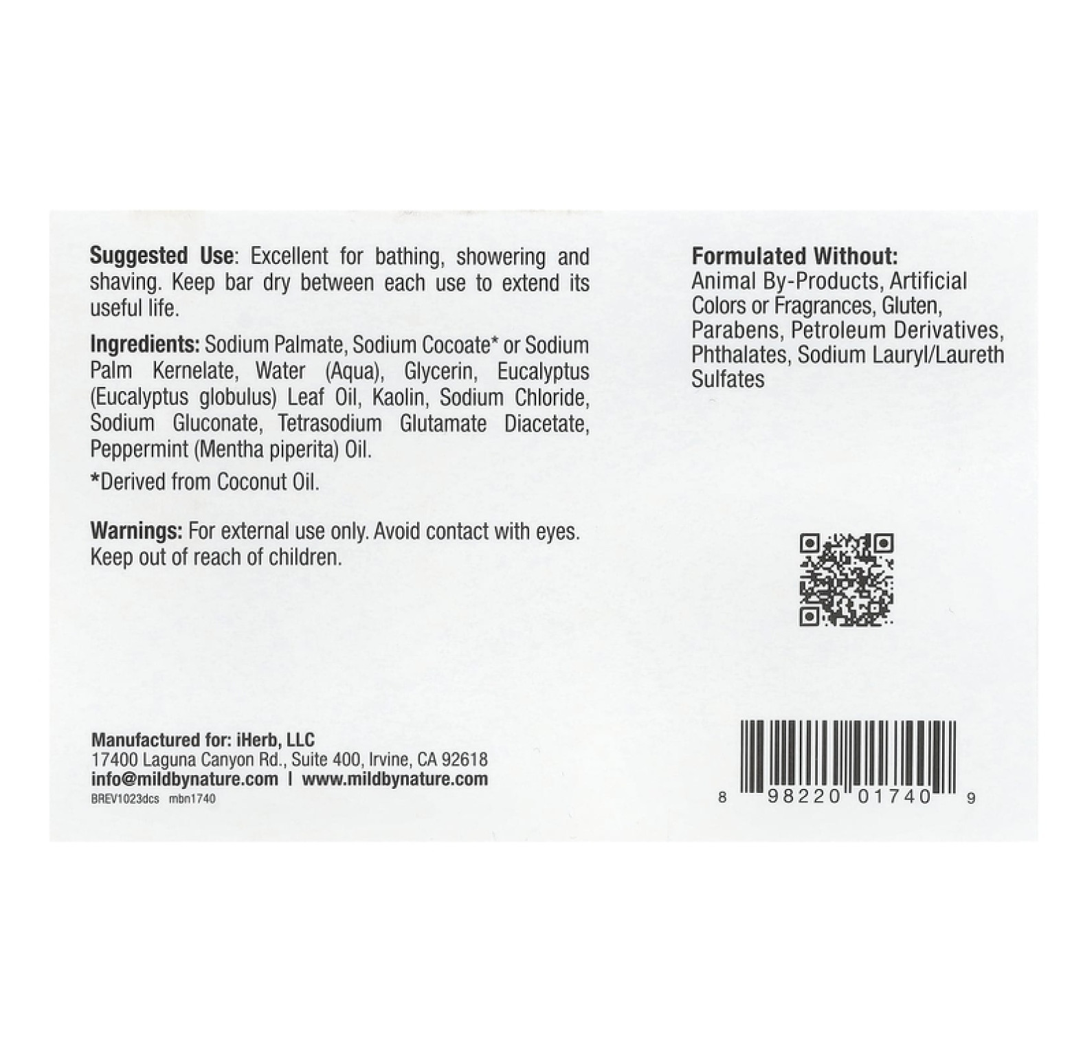 Mild By Nature, очищающее кусковое мыло с глиной, с ароматом эвкалипта и перечной мяты, с ископаемой глиной, 141 г (5 унций)