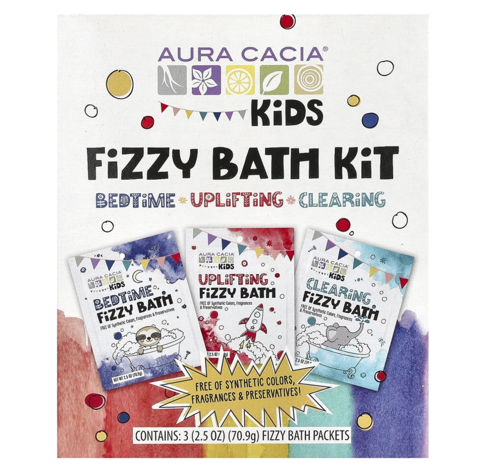 Aura Cacia, набор для ванны с шипучей, для детей, 3 пакетика по 70,9 г (2,5 унции)