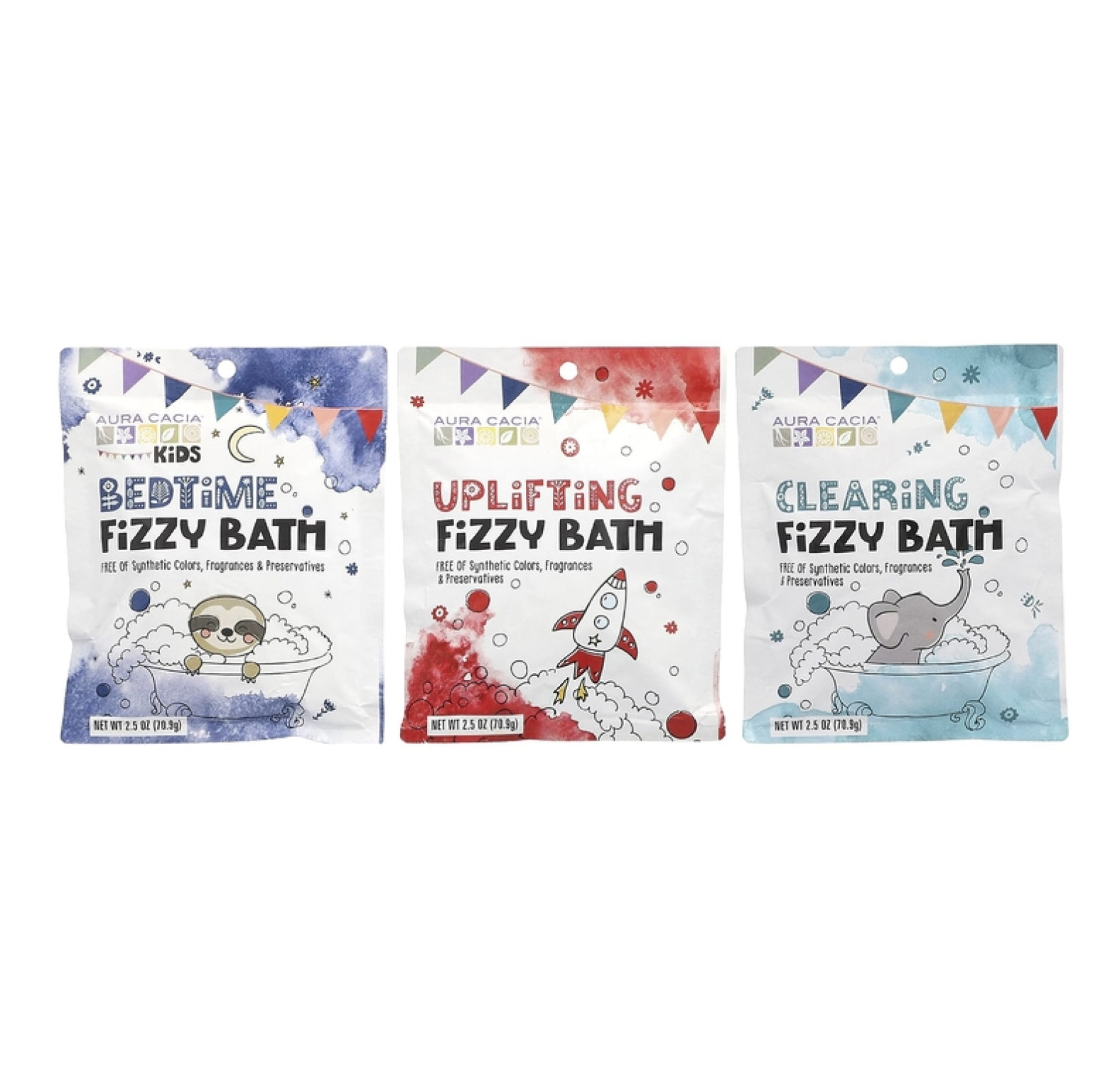 Aura Cacia, набор для ванны с шипучей, для детей, 3 пакетика по 70,9 г (2,5 унции)