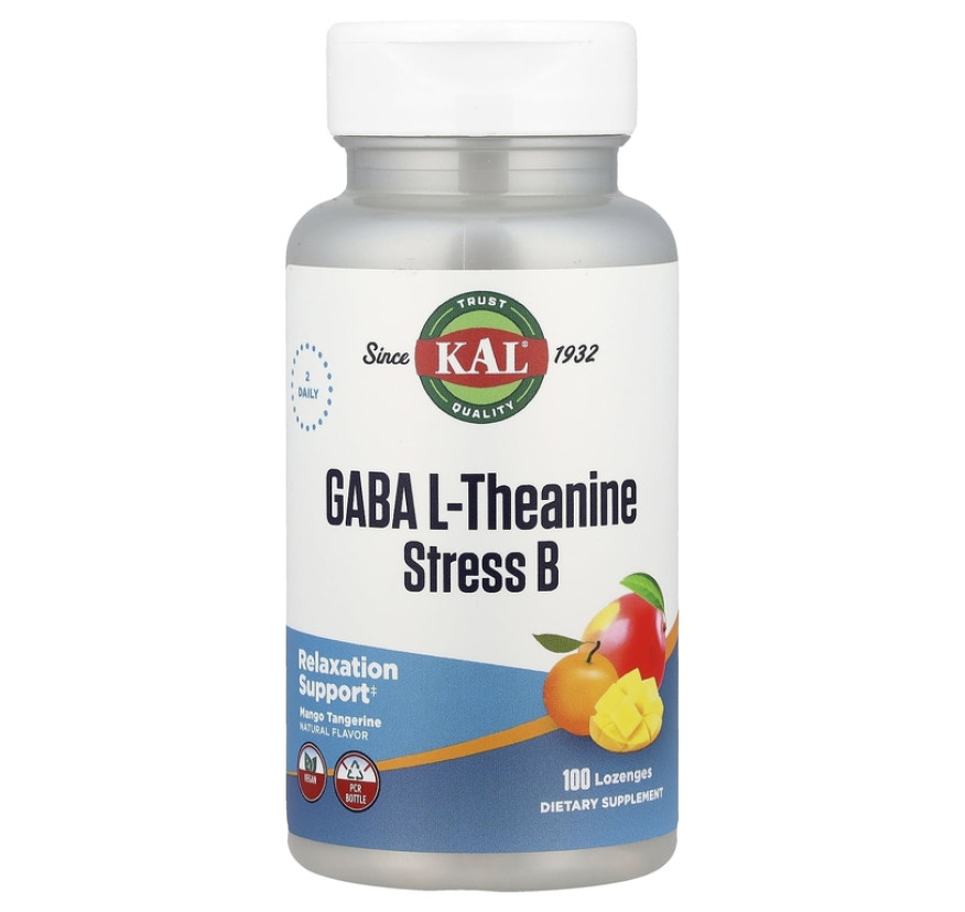KAL, ГАМК, L-теанин, таблетки Stress B, натуральный аромат манго и танжерина, 100 таблеток