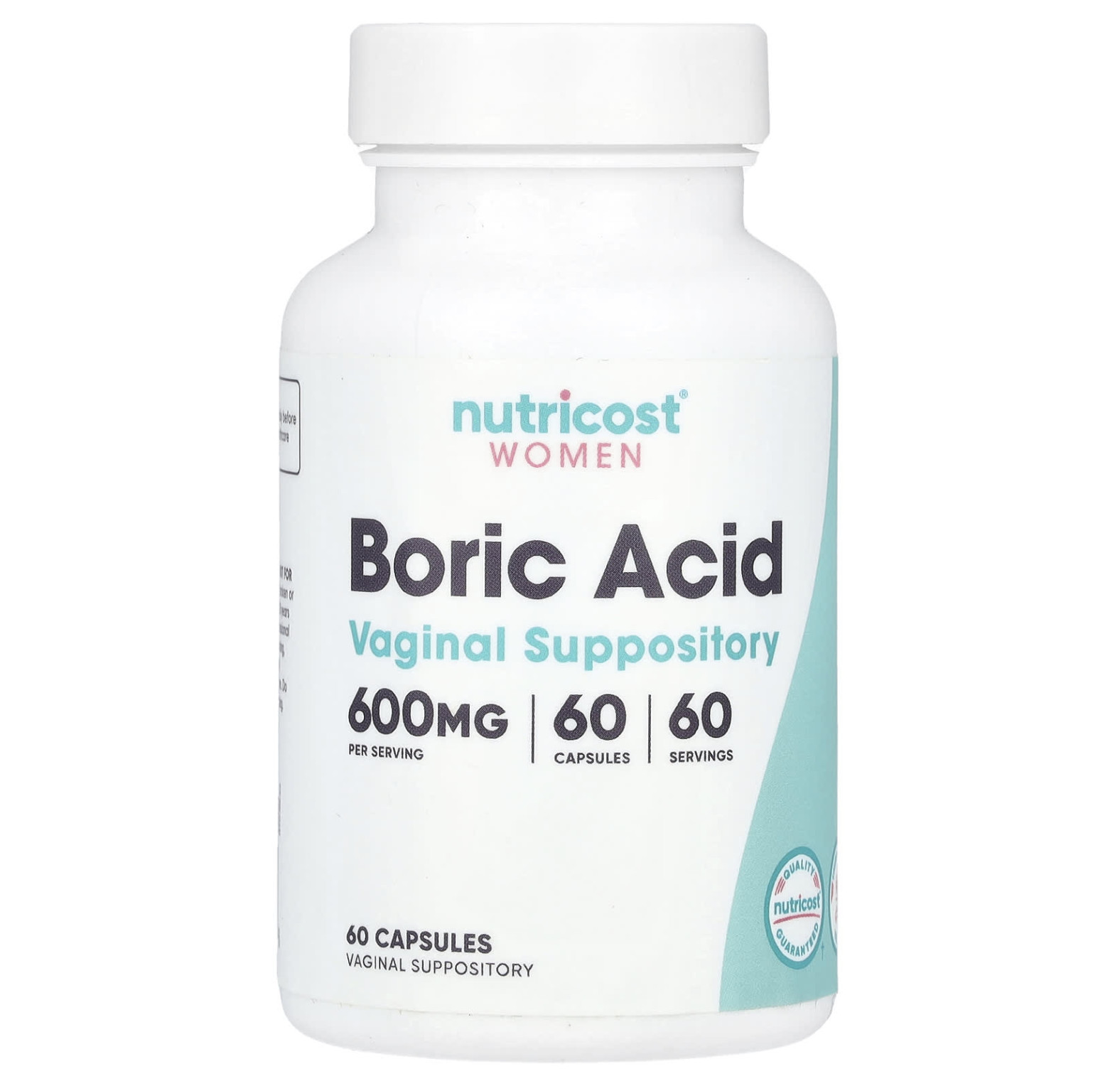 Nutricost, борная кислота, вагинальные свечи, 600 мг, 60 капсул