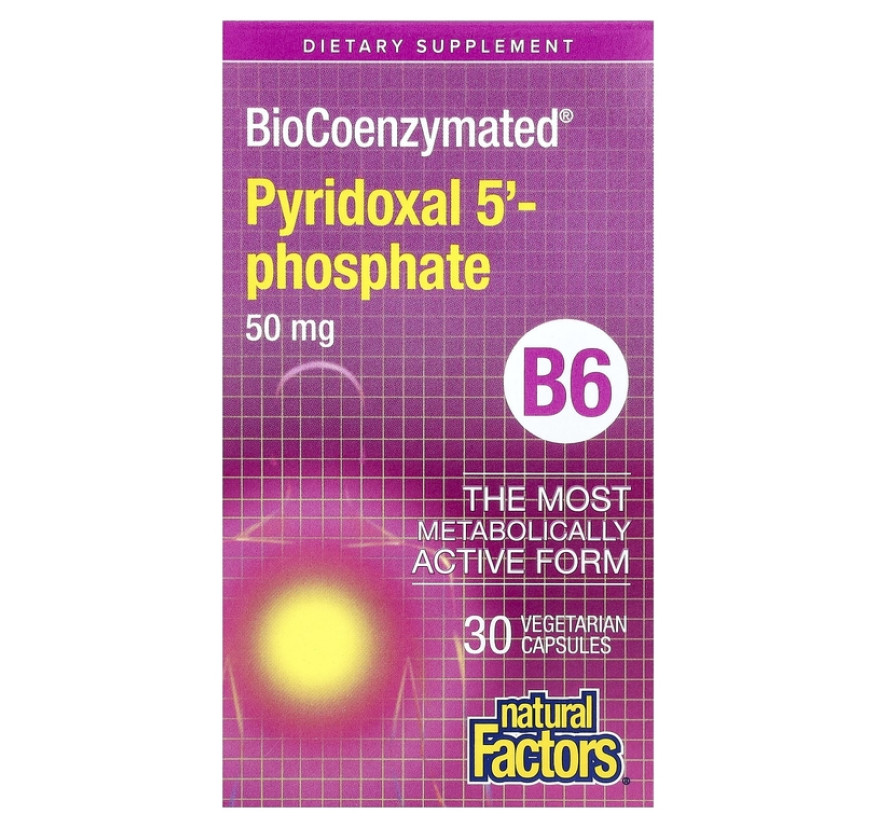 Natural Factors, BioCoenzymated®, B6, пиридоксаль 5'-фосфат, 50 мг, 30 вегетарианских капсул