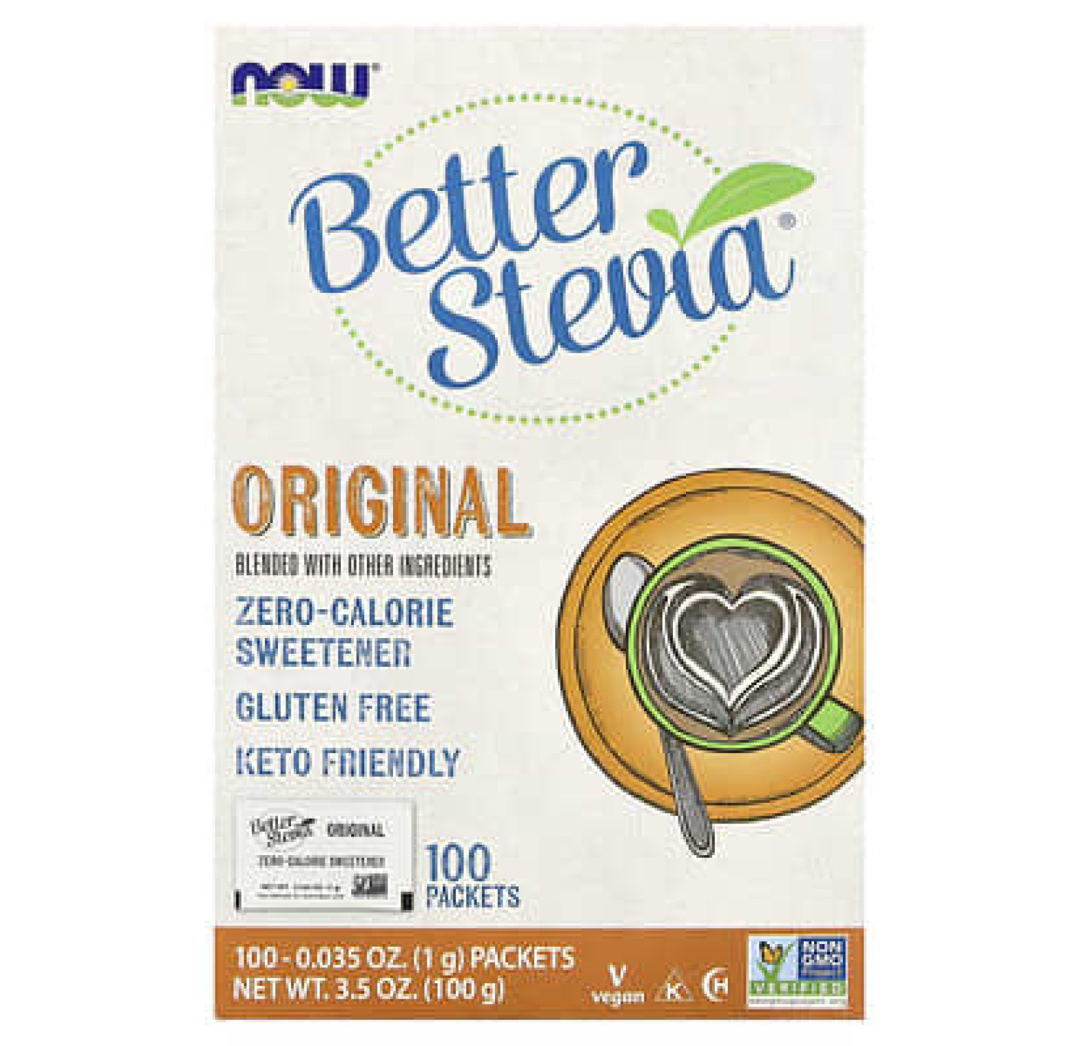 NOW Foods, Better Stevia®, низкокалорийный подсластитель, оригинальный вкус, 100 пакетиков, 100 г (3,5 унции)