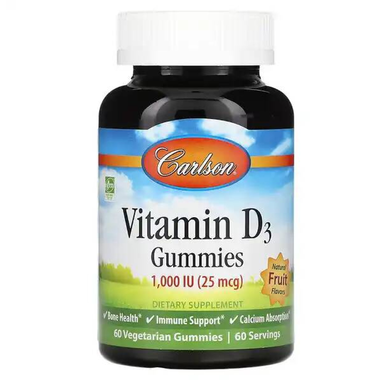 Carlson, витамин D3, натуральные фруктовые ароматизаторы, 25 мкг (1000 МЕ), 60 жевательных мармеладок