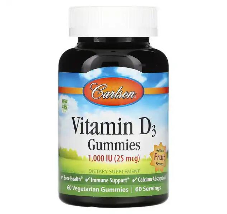 Carlson, витамин D3, натуральные фруктовые ароматизаторы, 25 мкг (1000 МЕ), 60 жевательных мармеладок