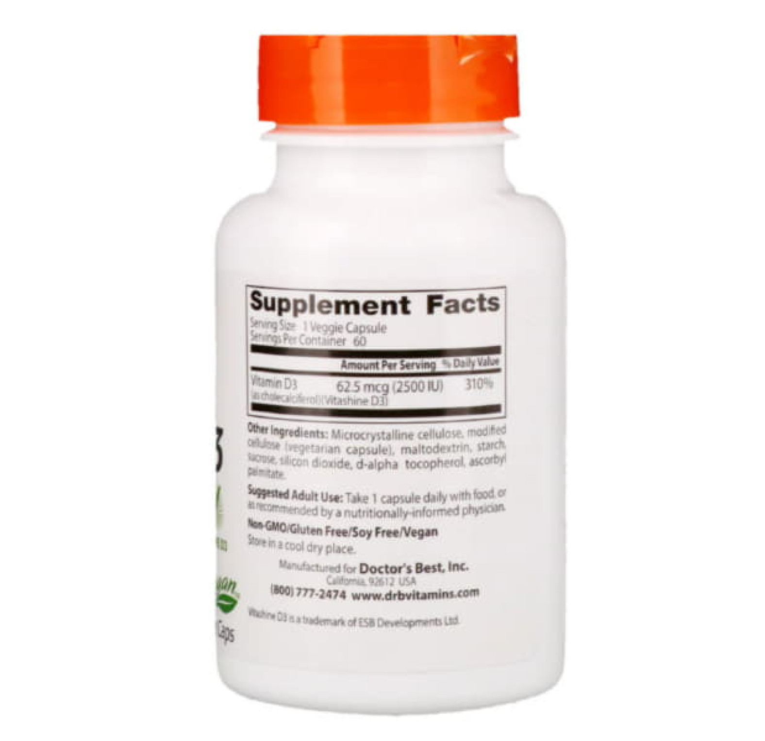 Doctor's Best, витамин D3 с Vitashine D3, 2500 МЕ, 60 вегетарианских капсул