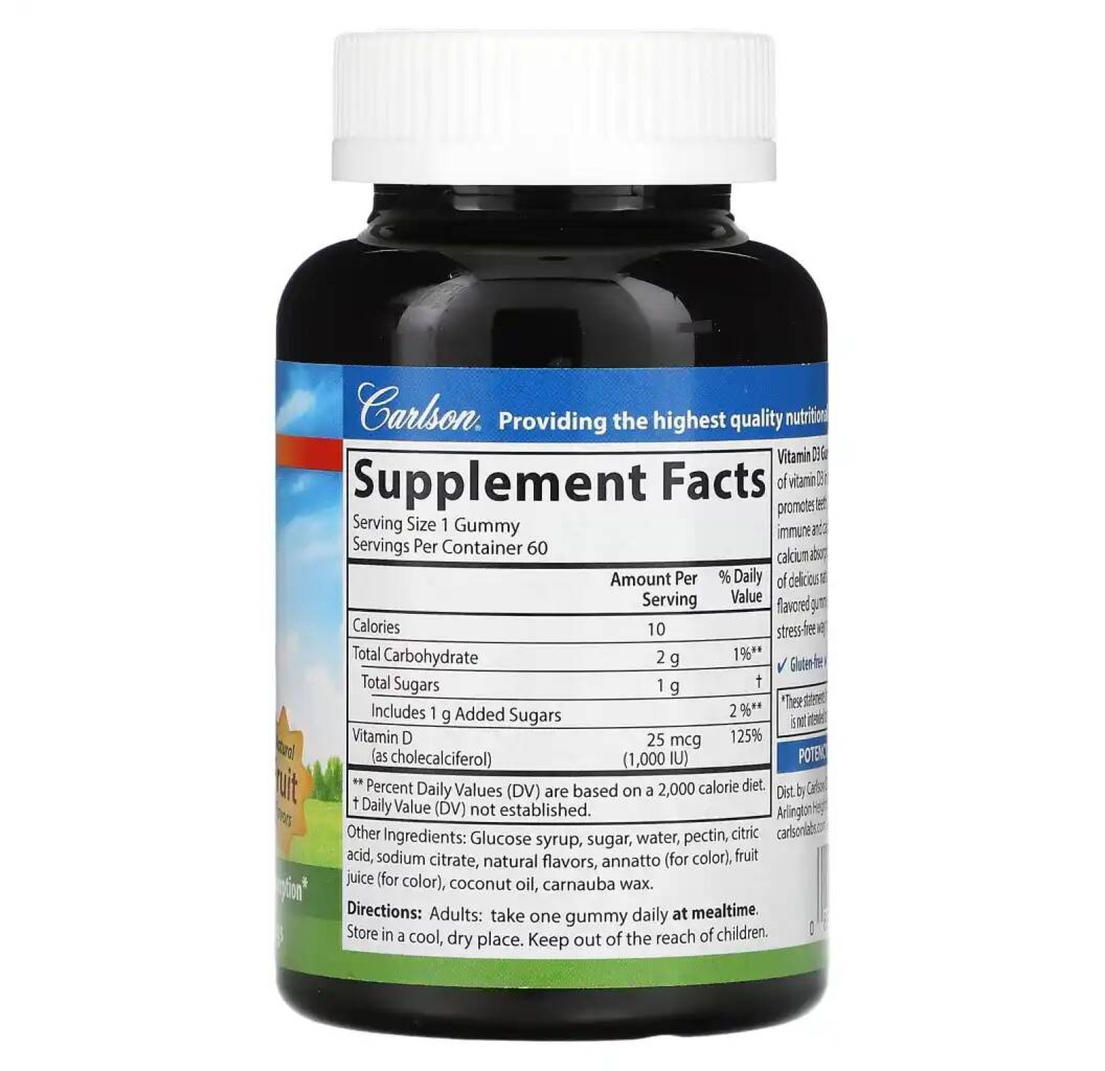 Carlson, витамин D3, натуральные фруктовые ароматизаторы, 25 мкг (1000 МЕ), 60 жевательных мармеладок