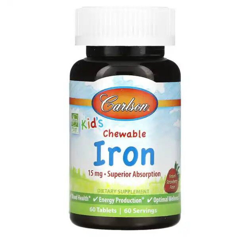 Carlson, Железо для детей, вкус клубники, 15 мг, 60 жевательных таблеток