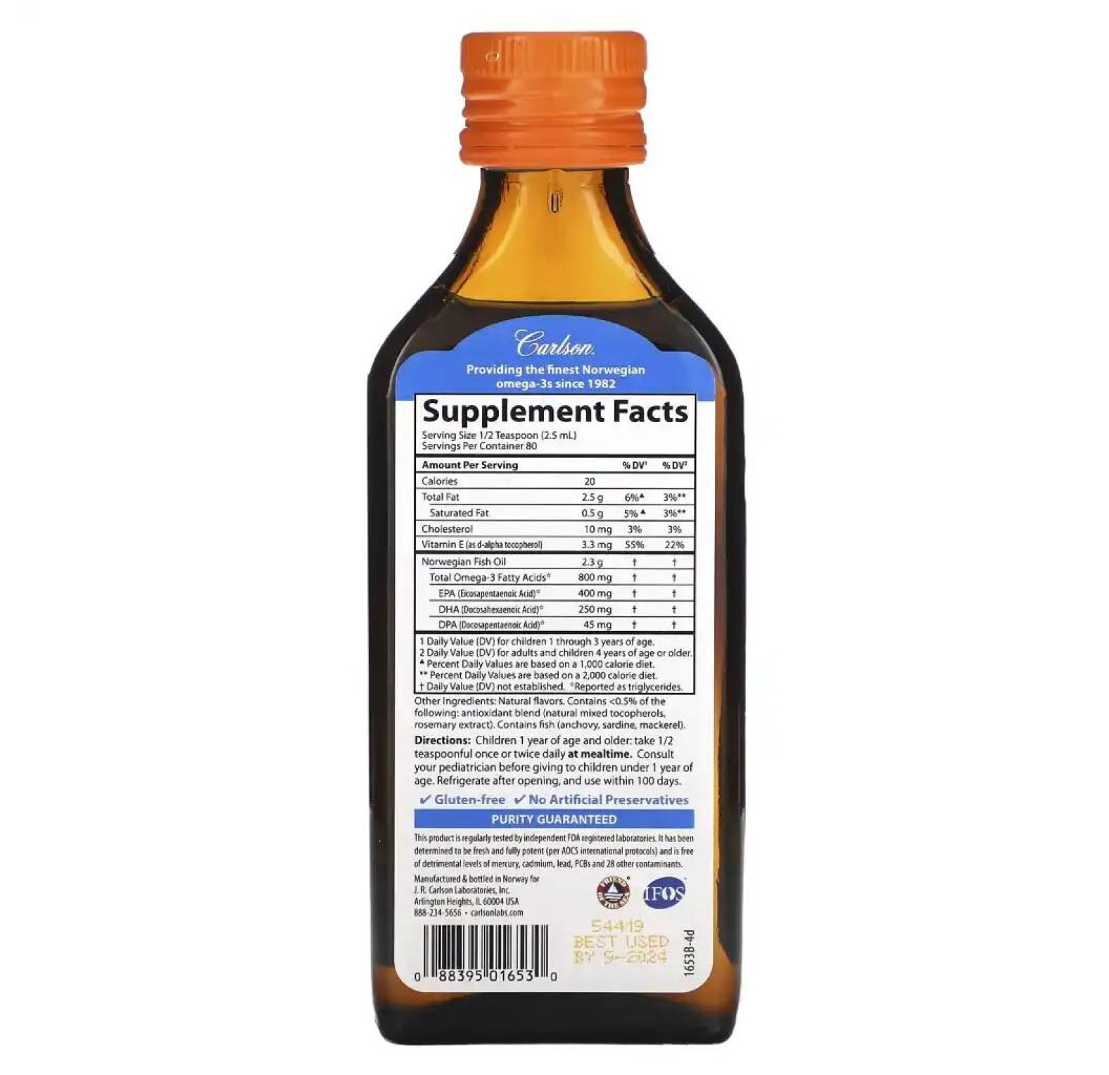 Carlson, Рыбий жир для детей, норвежская серия, вкус апельсина, 200 мл