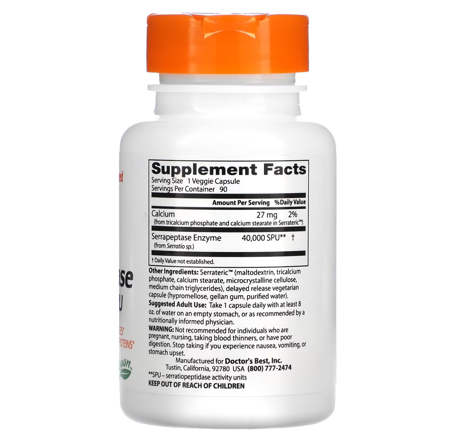 Doctor's Best, серрапептаза Best, 40 000 SPU, 90 вегетарианских капсул