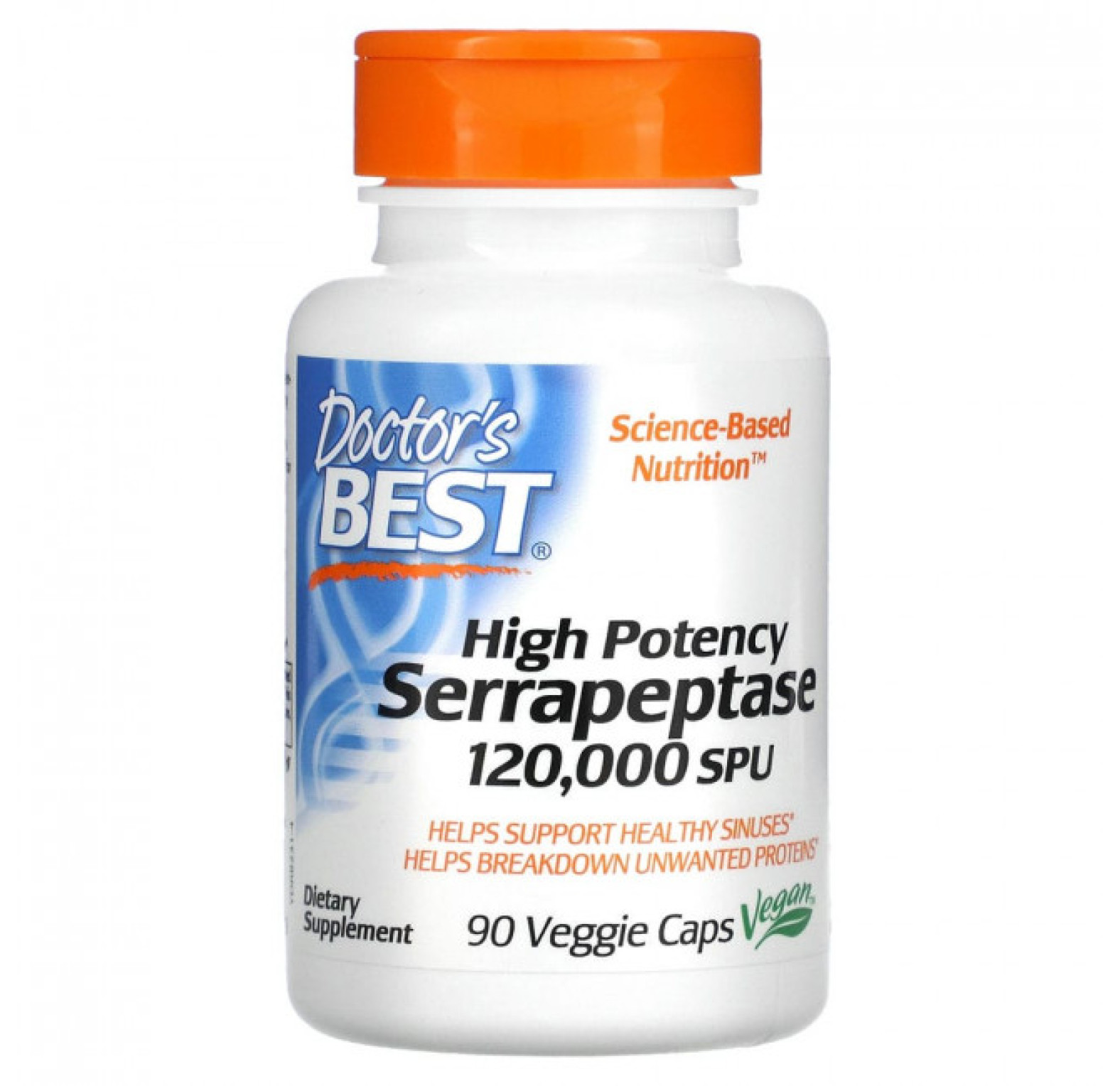 Doctor's Best, серрапептаза высокой эффективности, 120 000 SPU, 90 вегетарианских капсул