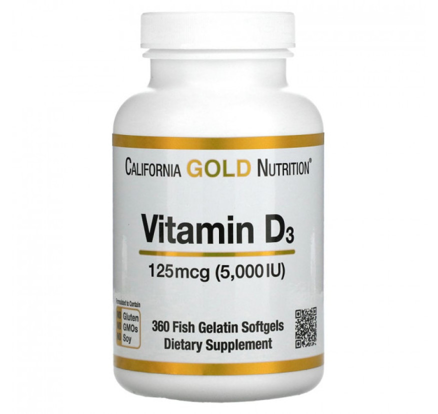 California Gold Nutrition, витамин D3, 125 мкг (5000 МЕ), 360 капсул из рыбьего желатина