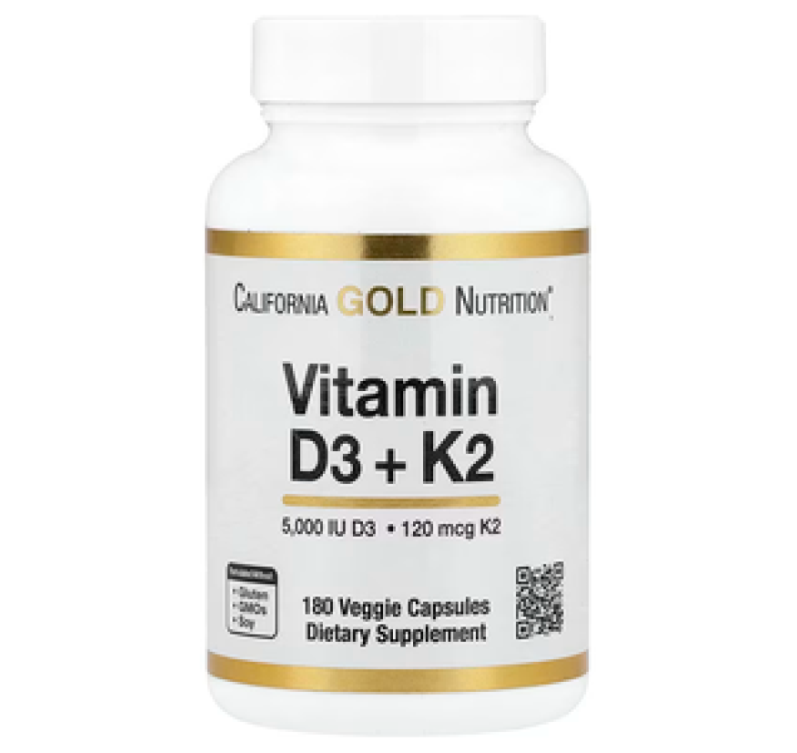 California Gold Nutrition, витамины D3 и К2 в форме MK-7, 180 растительных капсул 