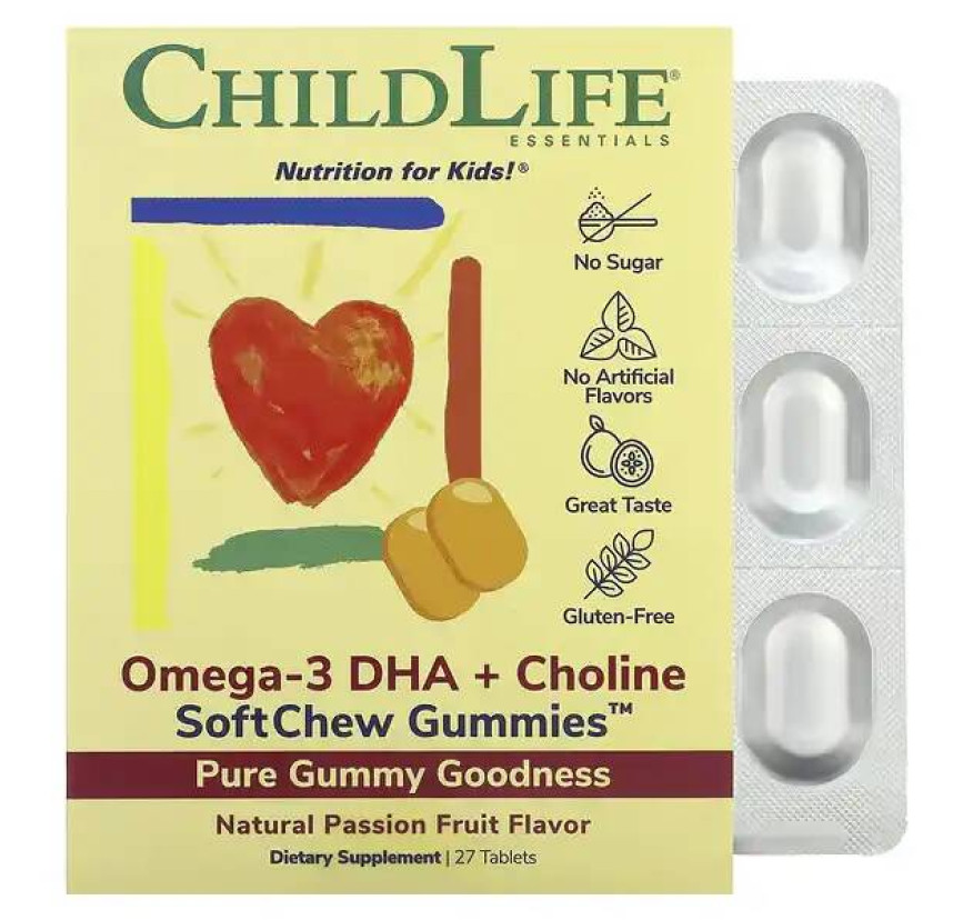 ChildLife Essentials, Essentials, омега-3 с ДГК и холином, жевательные таблетки SoftChew Gummies, со вкусом маракуйи, 27 таблеток