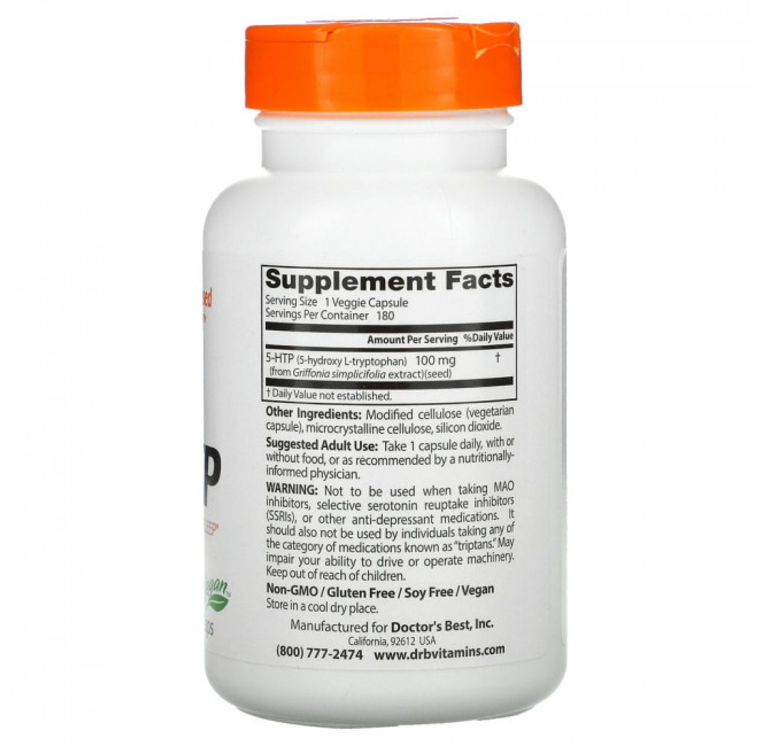 Doctor's Best, 5-гидрокситриптофан, 100 мг, 180 вегетарианских капсул